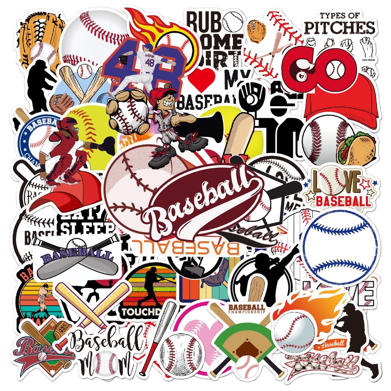 100PCS Baseball Stickers, Waterproof Vinyl Baseball Decales Reusable Stickers for Water Bottle, Helmet, Laptop, Phone, Baseball Gifts, Baseball Party Favors, Sport Stickers Decorations for Teens Boys