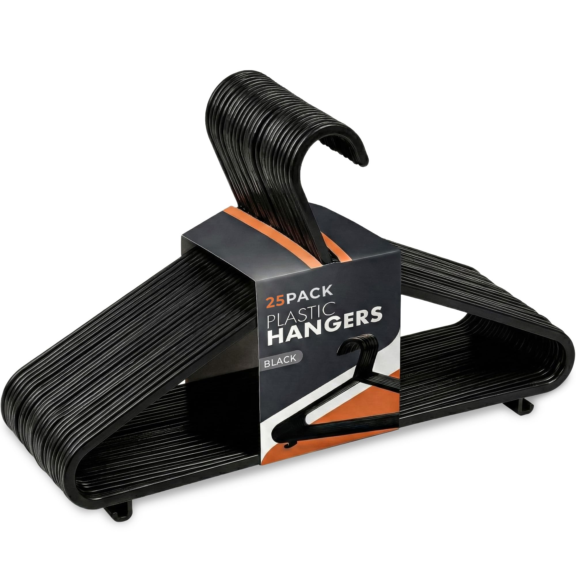 Scott 11 Plastic Coat Hangers, 25 Pack - Adult Black Strong Clothes Hangers For Clothes, Durable With Hooks For Space-Saving, Lightweight, Non-Slip, Slim Design For Trousers, Shirts & Suits