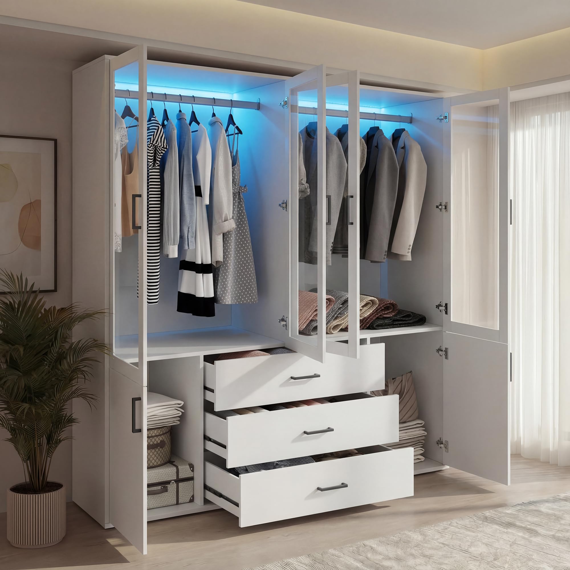 Armadio bianco con LED, 160 cm di larghezza, con porte girevoli, 4 ante in vetro, 2 porte, 3 cassetti, appendiabiti, armadio moderno, per camera da letto
