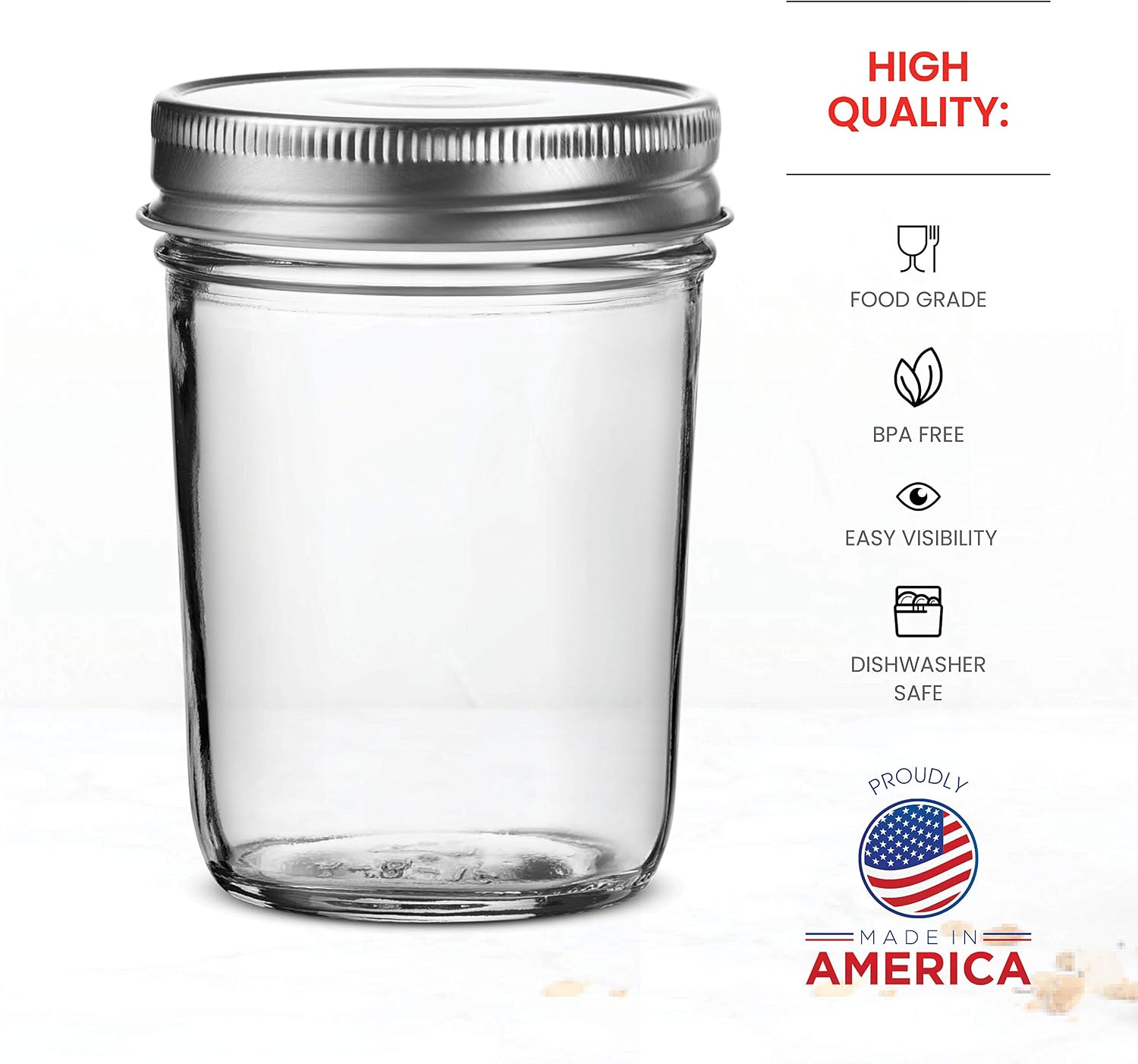 Glass Regular Mouth Mason Jars, (12 Pack) Glass Jars with Silver Metal Airtight 1 Piece Lids for Meal Prep, Food Storage, Canning, Drinking, Overnight Oats, Jelly, Dry Food, Salads, Yogurt (8 Ounce)