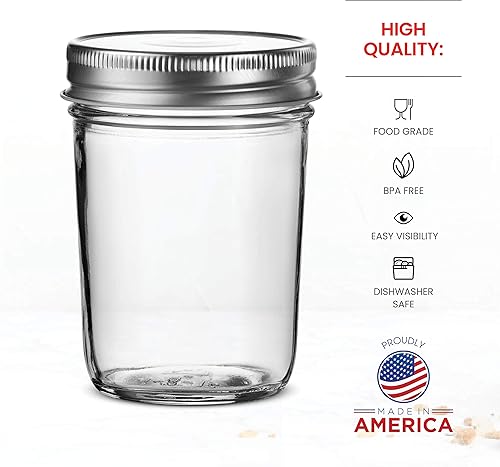 Miniatura 5 de Tarros de vidrio de boca regular, tarros de vidrio de 8 onzas (236.59 ml) con tapas de metal plateado herméticas para preparación de comidas,