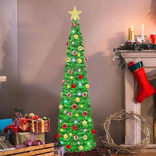 Miniatura 8 de HISFFOG Árbol de Navidad de oropel preiluminado de 5 pies con 8 modos de ajuste de luz, 50 luces de color remoto, funciona con pilas, árbol delgado