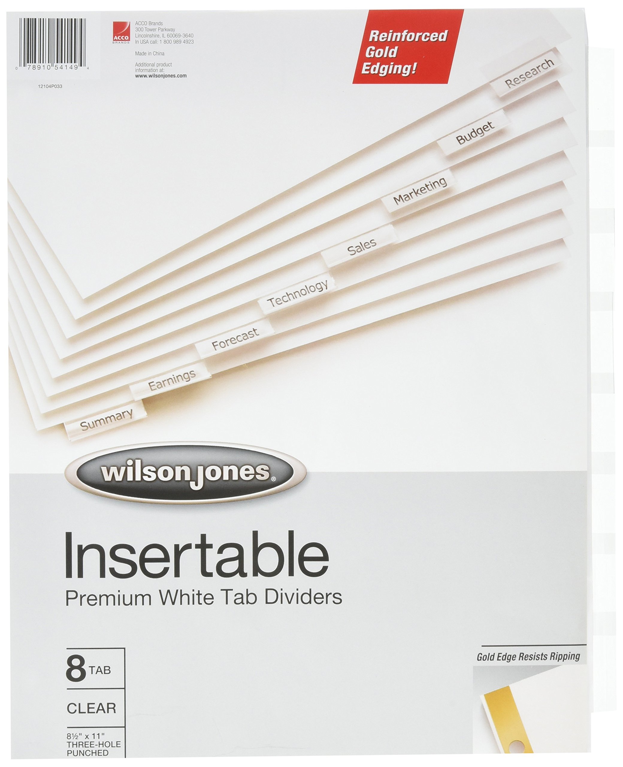 Wilson Jones Insertable Dividers - Gold Line, 8-Tab Set, Clear Tabs on White Paper (W54149A)