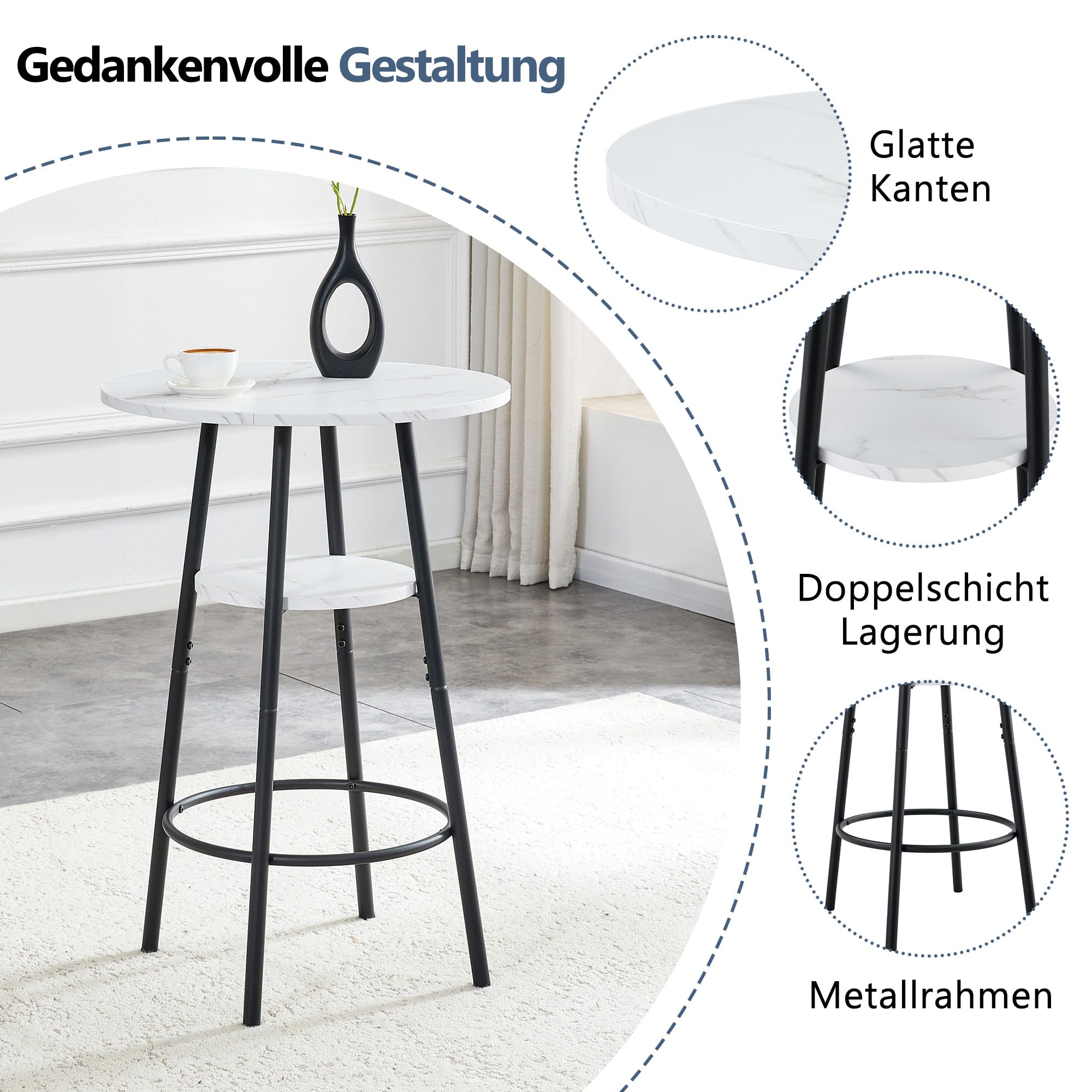 MURUL Bartisch Weißer Marmoroptik, 60 cm Stehtisch mit Stauraum & Schwarzem Metallrahmen, für Küche, Café & Esszimmer