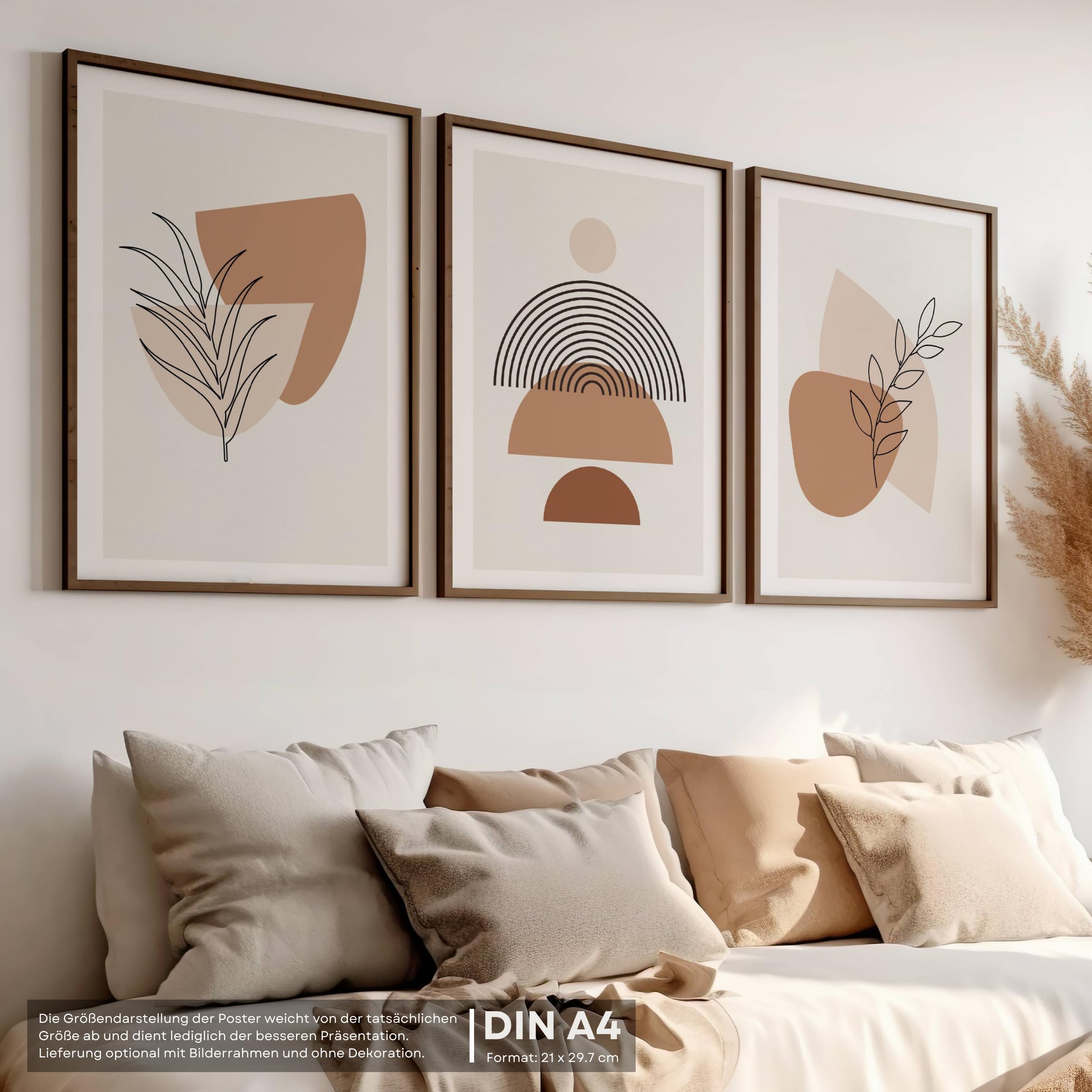 FAVELOT Abstrakte Bilder Set A4 mit schwarzen Rahmen, Poster Aesthetic, Poster Set, Wandbilder Wohnzimmer - Boho Bilder beige, Line Art Bilder, 3x Din A4