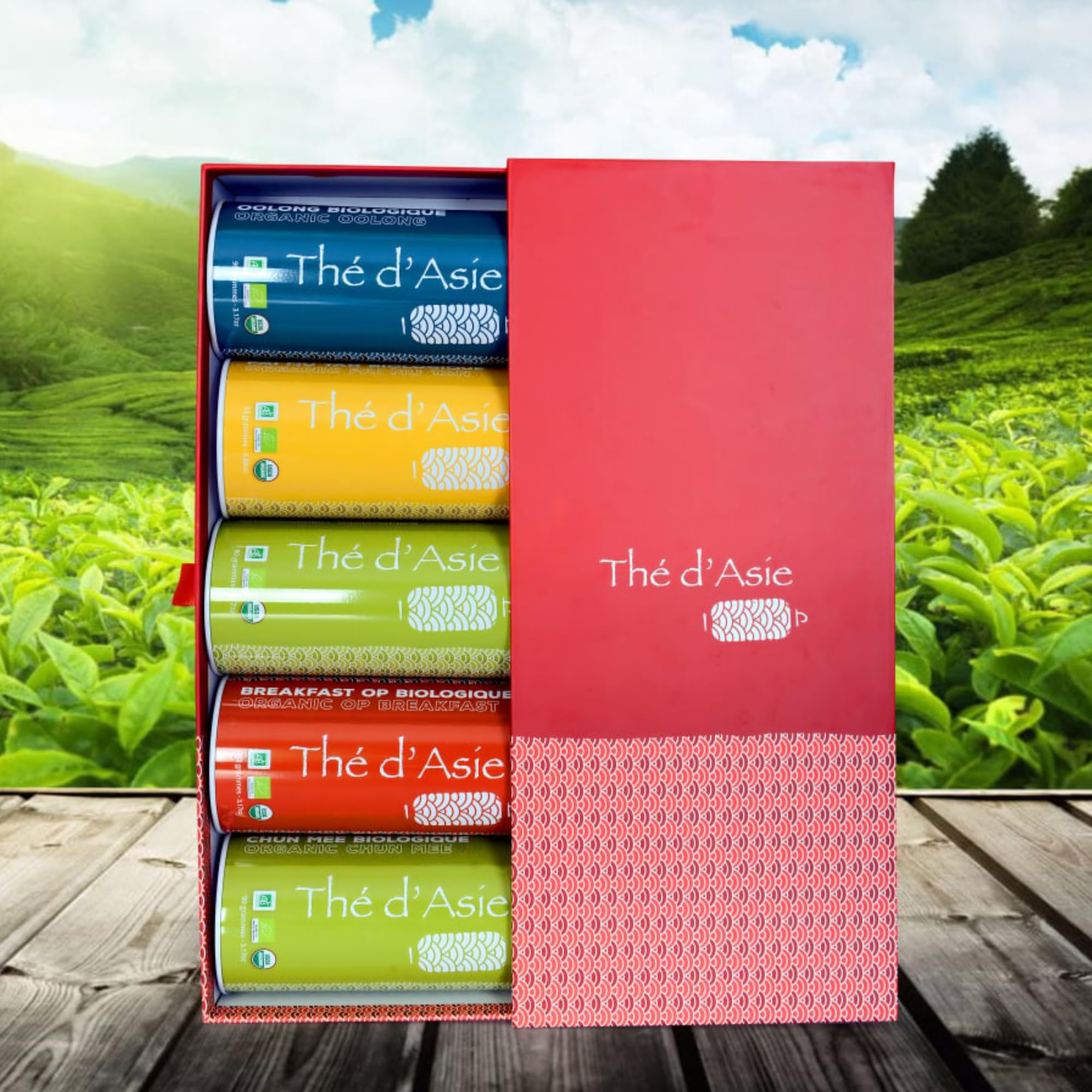 Khla - Coffret de 5 Thés Bio en Vrac - 5 Boites Métal - Coffret Cadeau à Offrir - Oolong, Pai Mu Tan, Breakfast OP, Sencha & Chun Mee - Thé Bleu, Vert Noir & Blanc - Tisane, Infusion