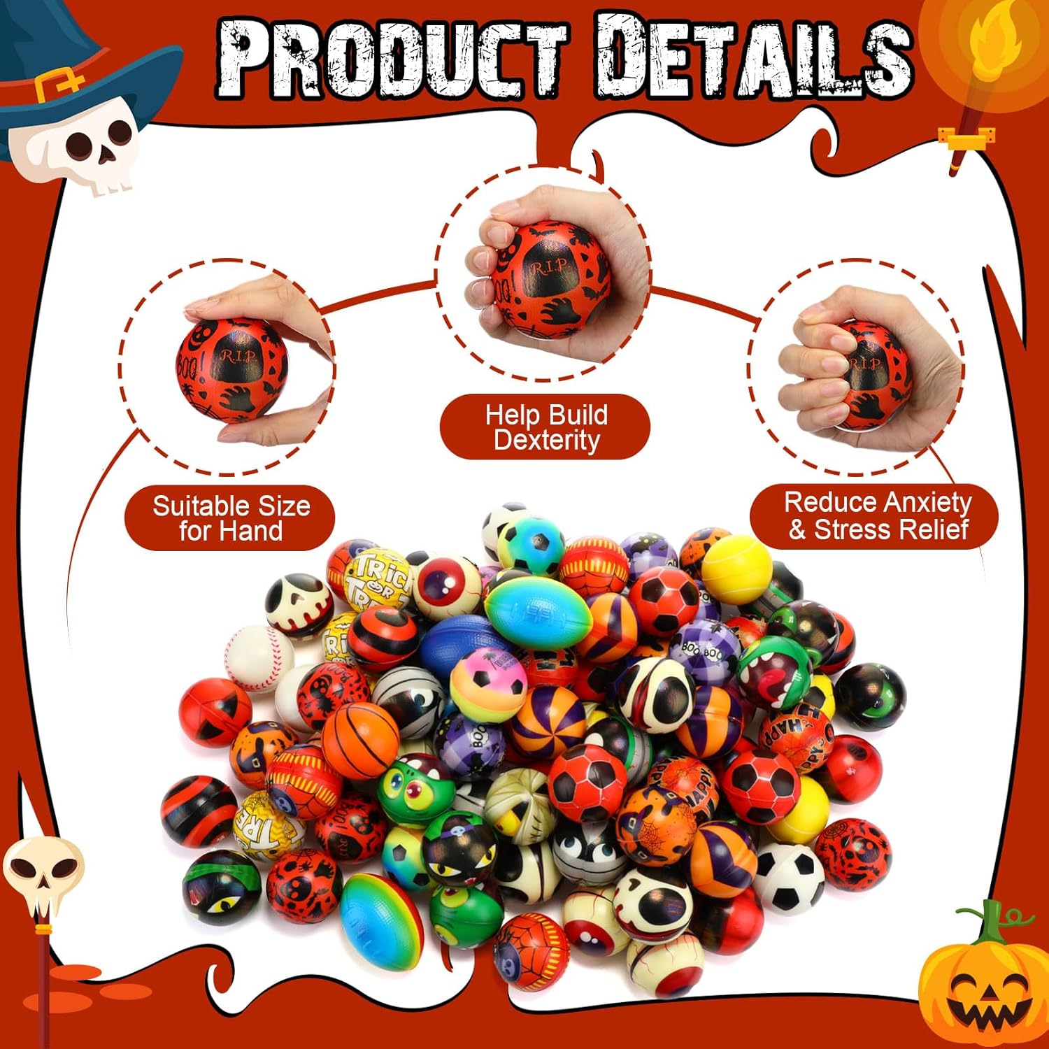 Meooeck 108 Pcs Halloween Mini Stress Balls Bulk 2.5'' Pumpkin Ghost Sport Squeeze Balls Stress Relief Sensory Fidget Foam Toy Basket Goodie Stuffers Gift for Halloween Party Favor Kids Adults Prizes - Image 3