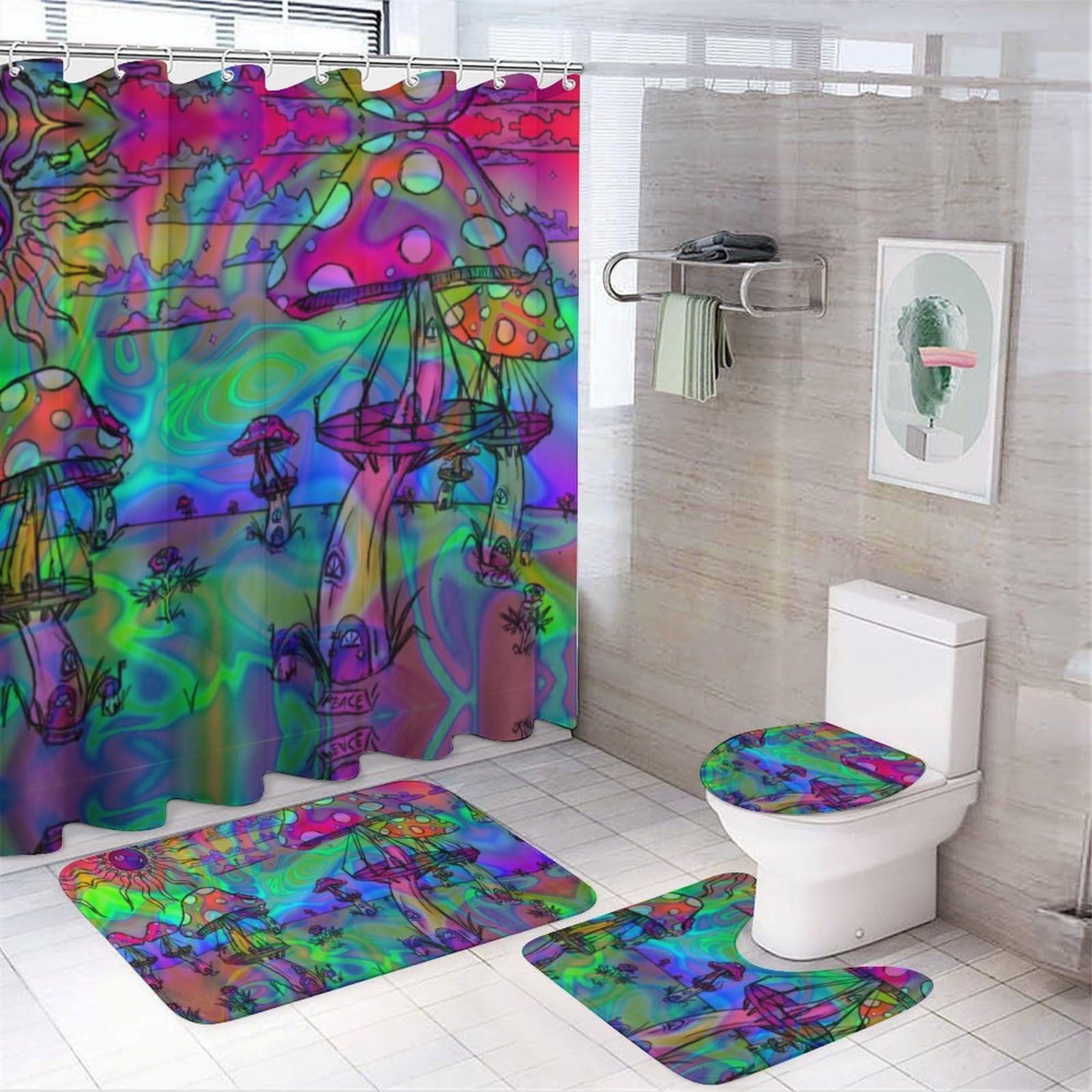 JZemdybill Bathroom Mat Set 4 Piece, Psychedelic Trippy Mushroom Shower Curtain with Non-Slip Bath Mats for Bathroom