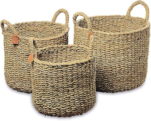 Made by Nature - Cestas de hierba marina, asas superiores redondas, tejido de suéter grueso natural, juego de 3, hecho a mano, de más de 1.5 pies de