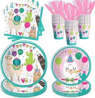 Llama Party Decorations Tableware, Llama Birthday Party Supplies, Paper Plate, Cup, Napkin, Disposable Cutlery, Mexican Alpaca Cactus Theme Birthday Baby Shower Decorations Dinnerware, Serve 24