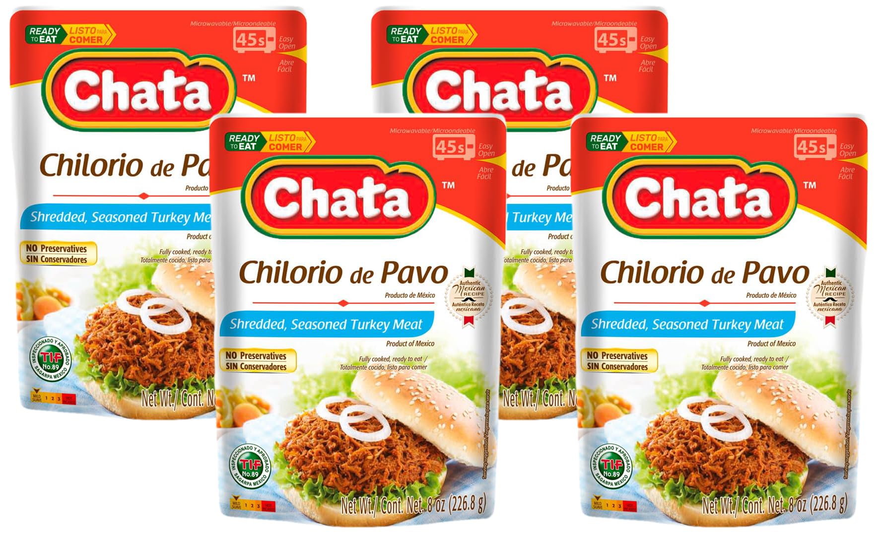 Chata Turkey Chilorio Seasoned Shredded Turkey Chilorio de Pavo Pouch 8 ounces | Pack of 4
