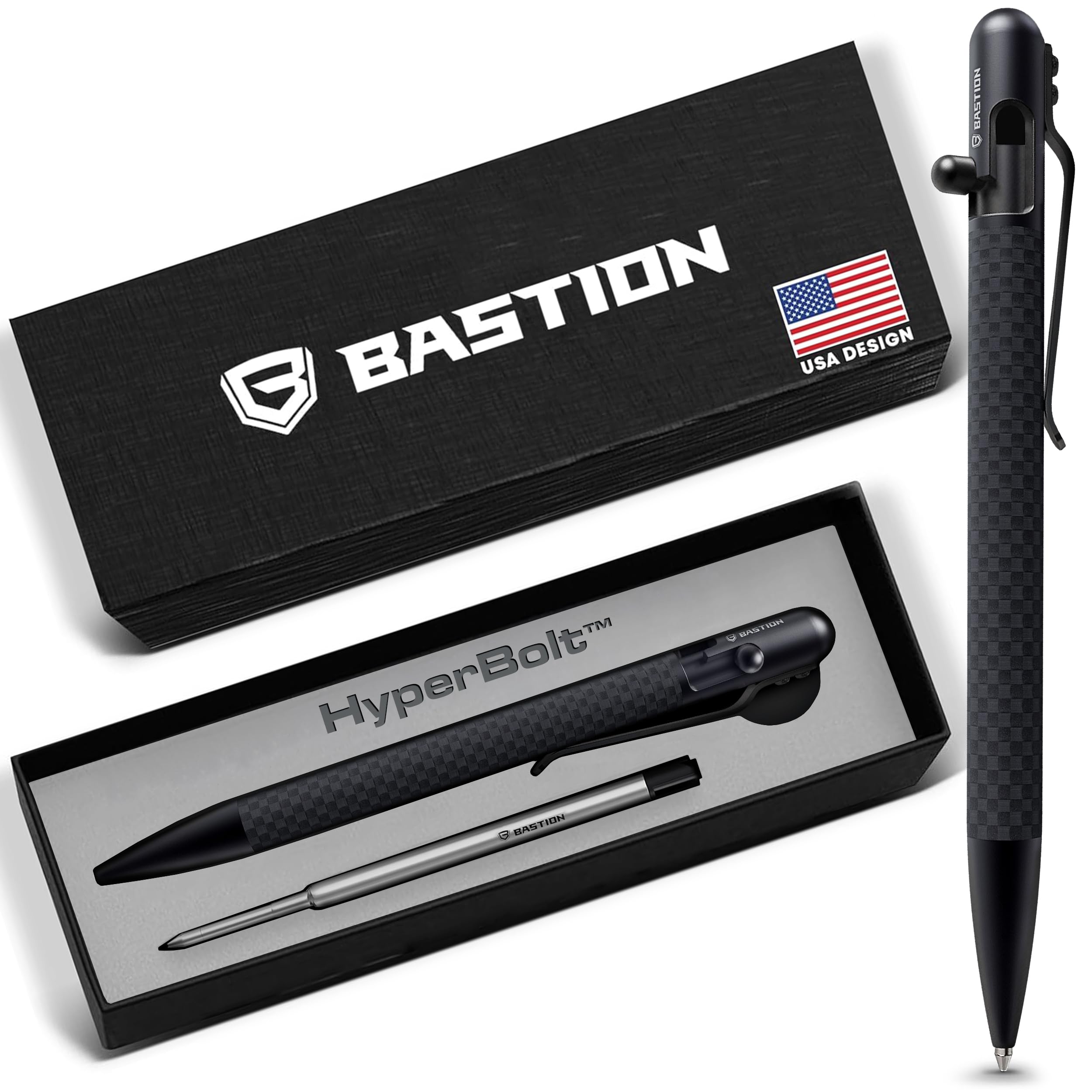 BASTION® Luxury Slim Bolt Action Pen, Lightweight Aluminum EDC Pen with Fine Tip, Professional Ballpoint Pen for School and Work - Black