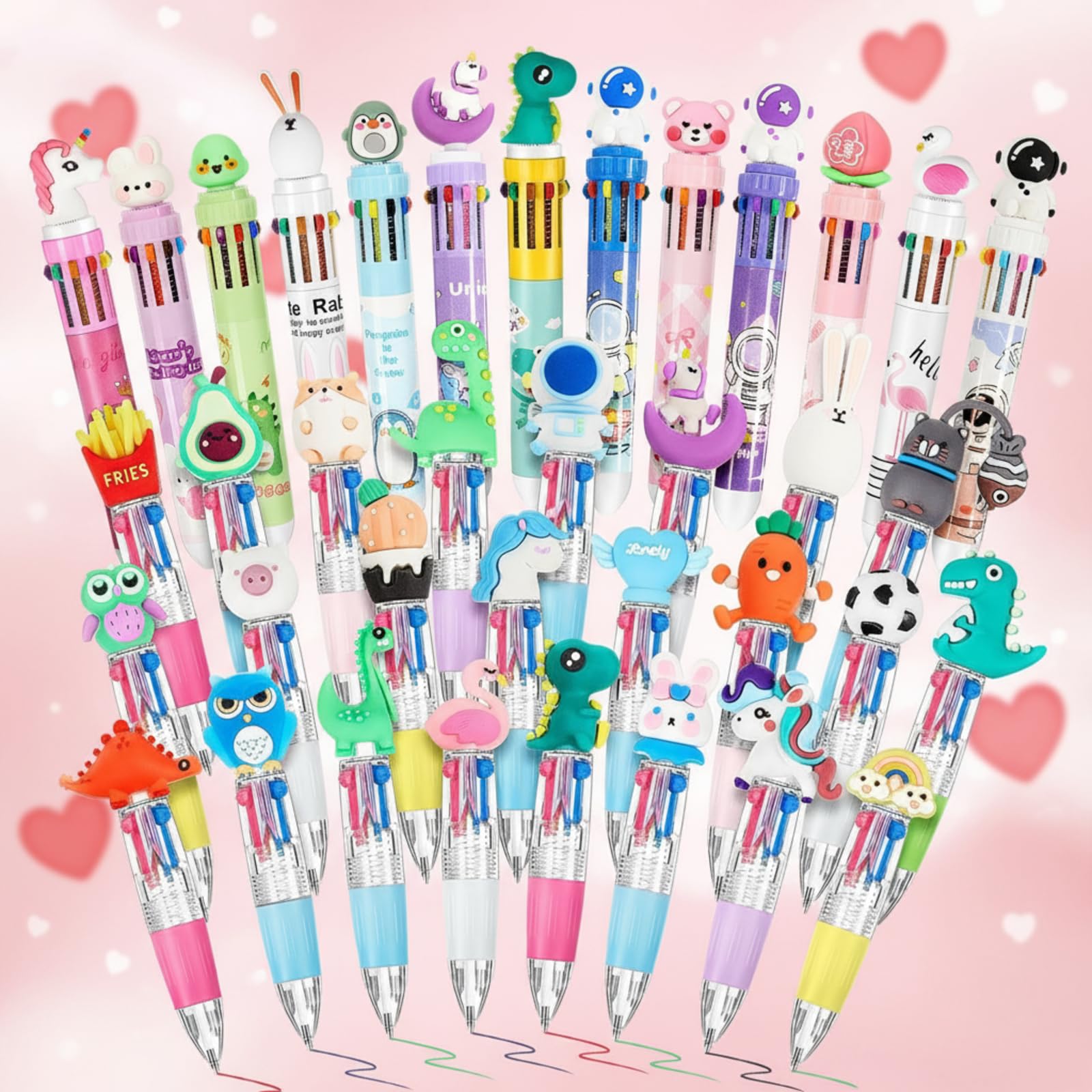 Mooliwe 36 Pcs Multicolor Pen in One Include 4 In1 and 10 in 1 Colored Cute Pens Retractable Cartoon Ballpoint for Valentine's Day Party Favor