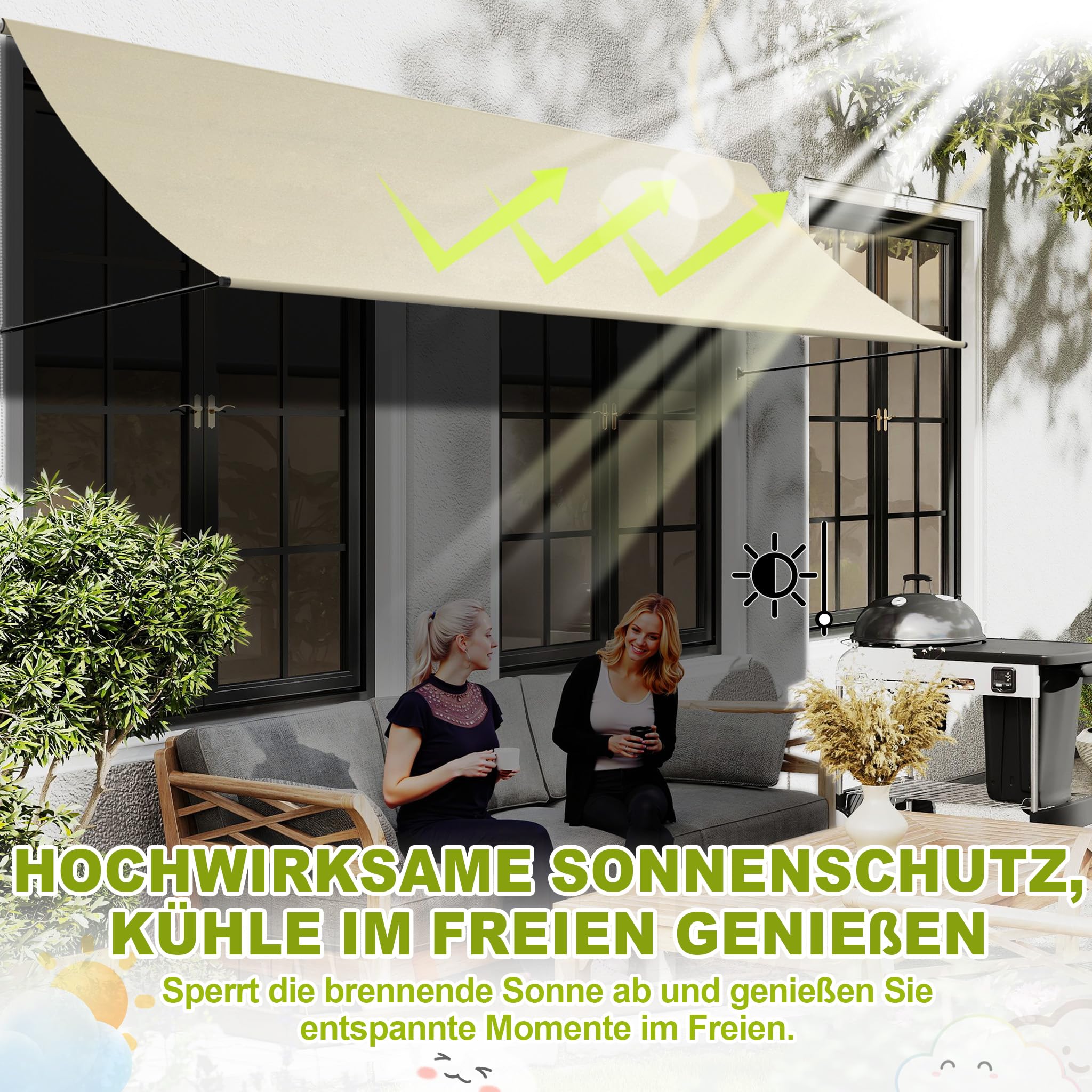 Aufun Tenda da sole retrattile, tenda da sole per finestra, con cordoncino e asta di supporto in alluminio, per terrazza, balcone, giardino, beige, 400 x 145 cm