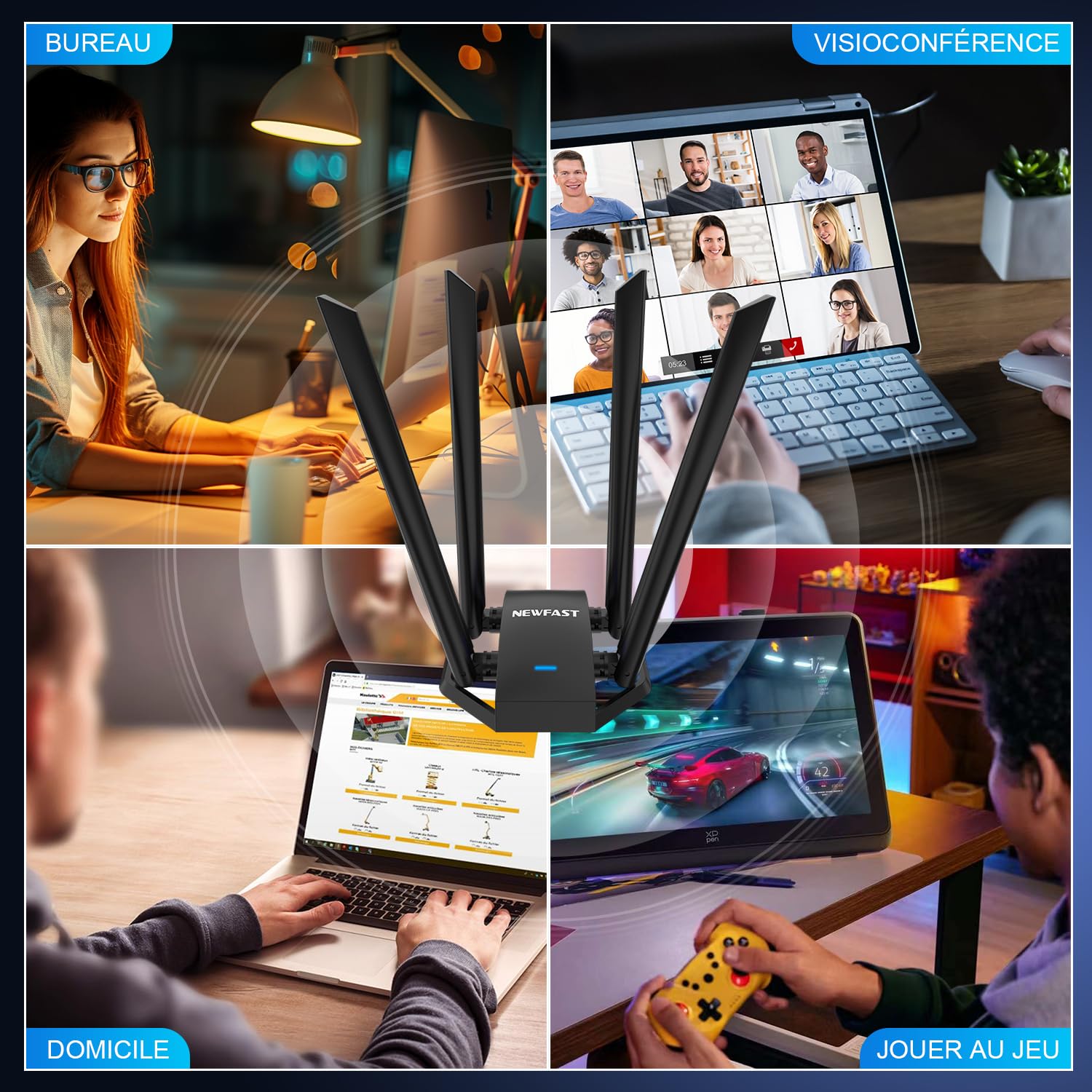 NEWFAST AC1300 Mbps Clé WiFi pour PC U329, Clé WiFi Puissante Double Bande 5G/2.4G Clé Wi-FI USB 3.0, MU-MIMO, Adaptateur USB Wi-FI avec 4 Antenne 6dBi, Compatible avec Windows XP/7/8/8.1/10/11