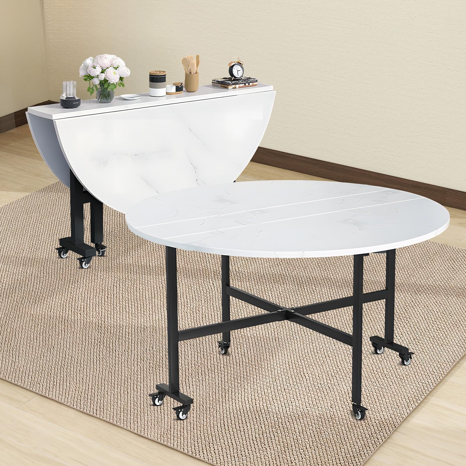 Drop Leaf Table, 39.3" Round Collapsible Dining Table for 4-6 People, Wooden Folding Dining Tables with 6 Wheels, Mobile and Stable, Space Saving, for Living Room, Farmhouse