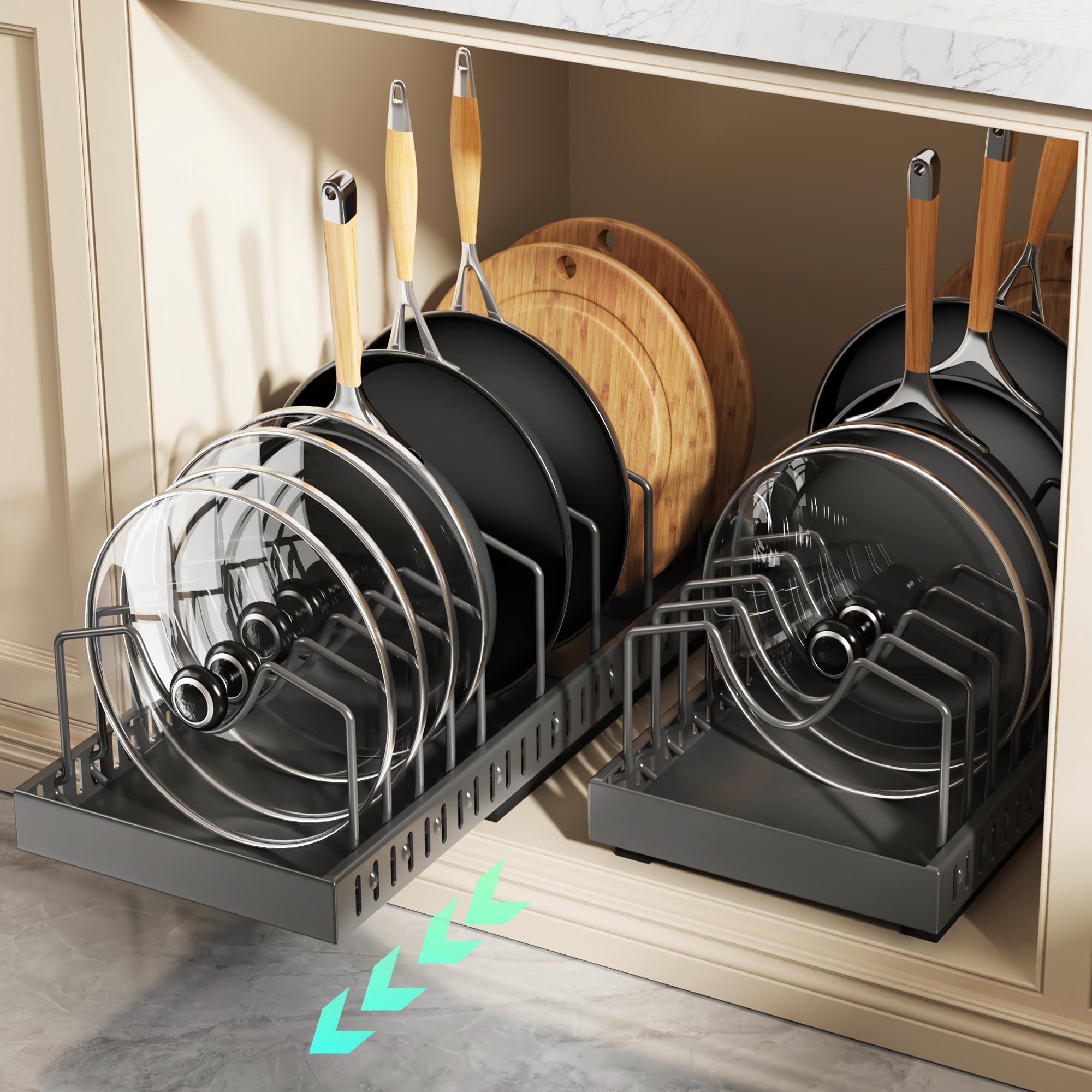 Photo 1 of Pull Out Pots and Pans Organizer Under Cabinet, Expandable Sliding Lid Holder and Pan Rack for Kitchen, Slide Out Inside Cabinet for Pot Lid, Bakeware, Dishes, 10 Adjustable Dividers, 2 Pack Black