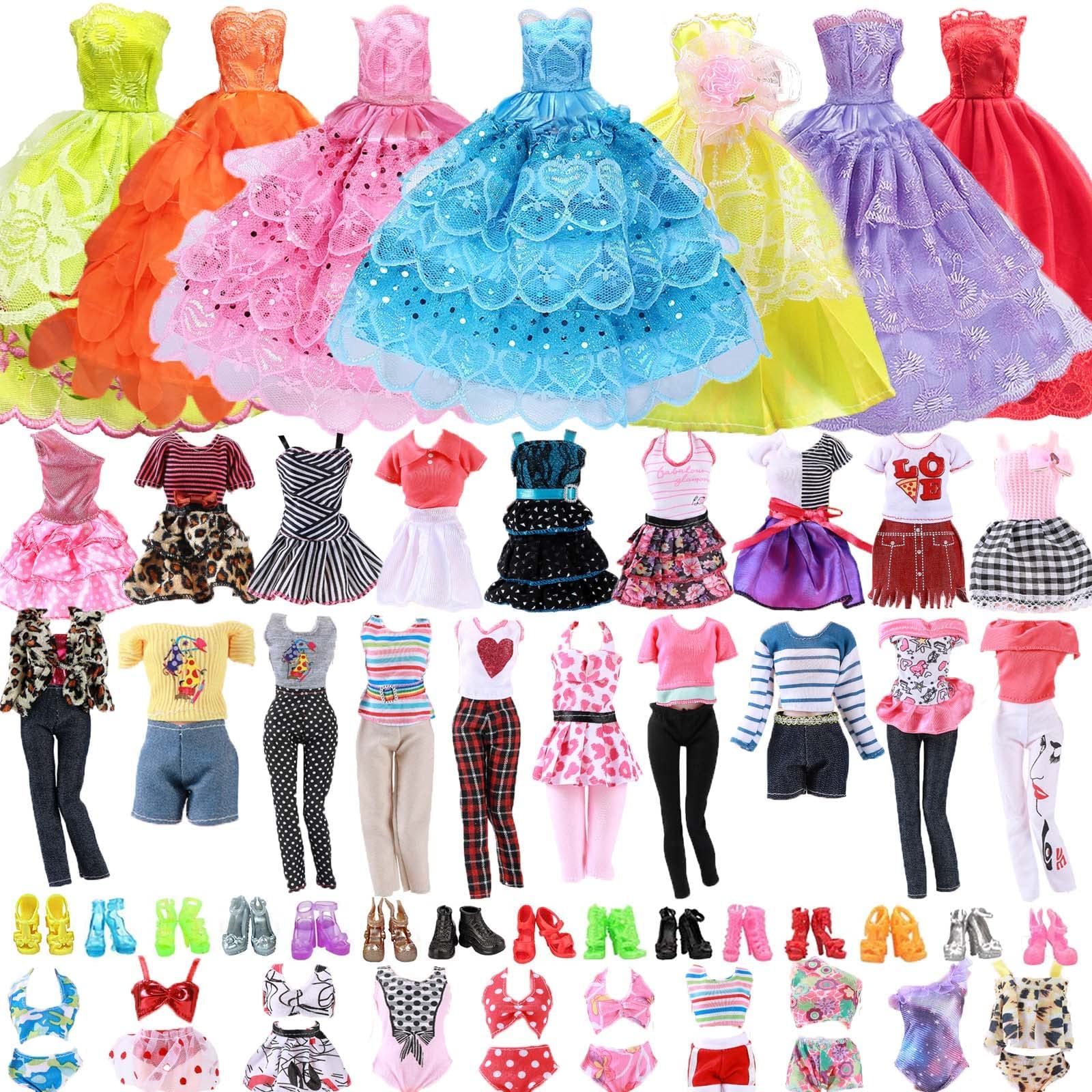 20 Pcs Random Doll Clothes Outfit for Dolls, Doll Accessories 10 Shoes + 3 + Dress + 3 Clothes + 2 Bikini Set + 2 Formal Dress in Random for Girls Birthday Gifts