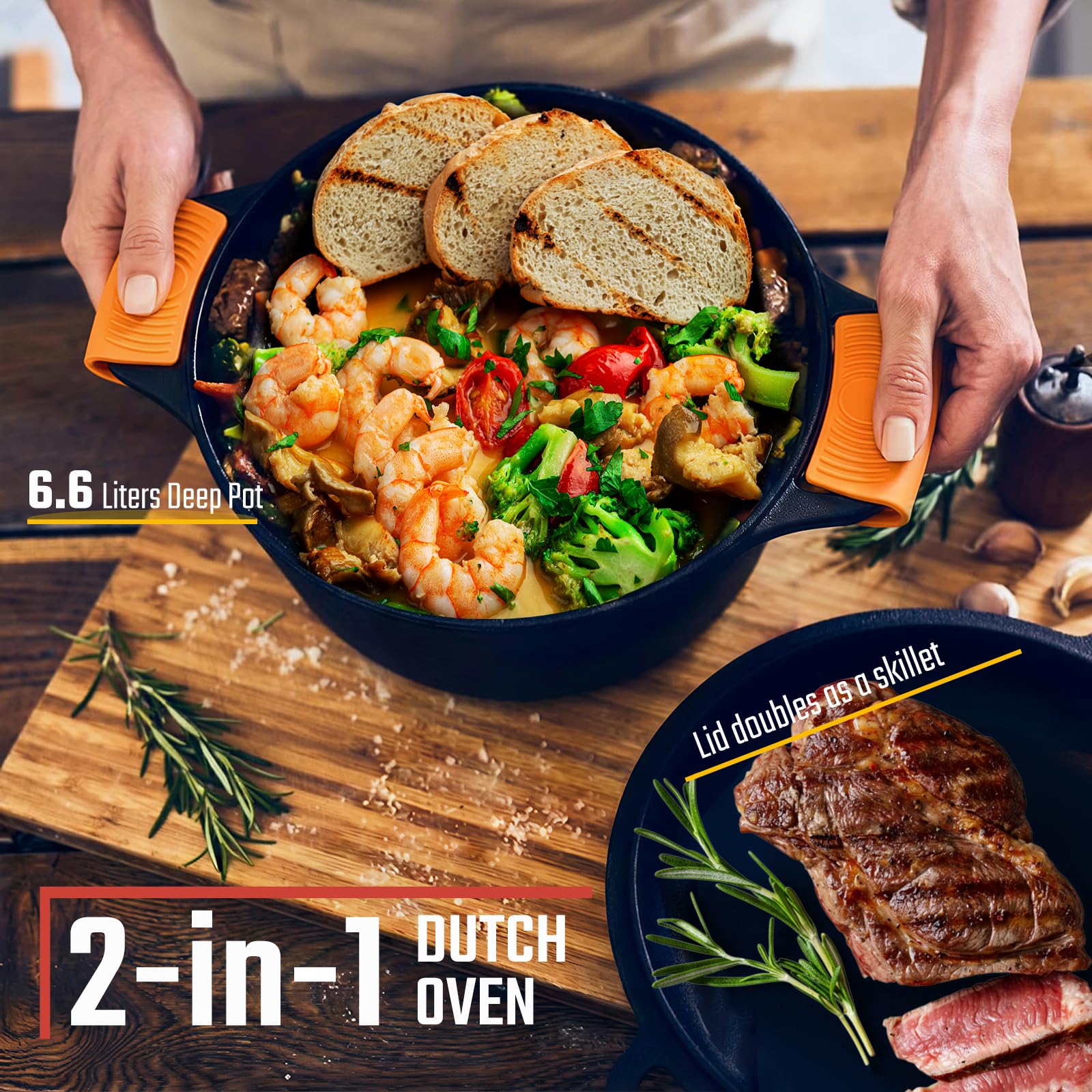 Overmont 2 in 1 Pentola Olandese In Ghisa - Padella Casseruola in Ghisa Pre-stagionato con Coperchio - Doppia Funzione Dutch Oven - per Campeggio Cucina Casalinga BBQ Bake - 6.6 L/ 7 Quart