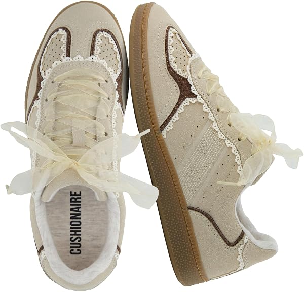 CUSHIONAIRE Belinda Women’s Lace Detail Casual Sneakers – Elegant Ribbon…