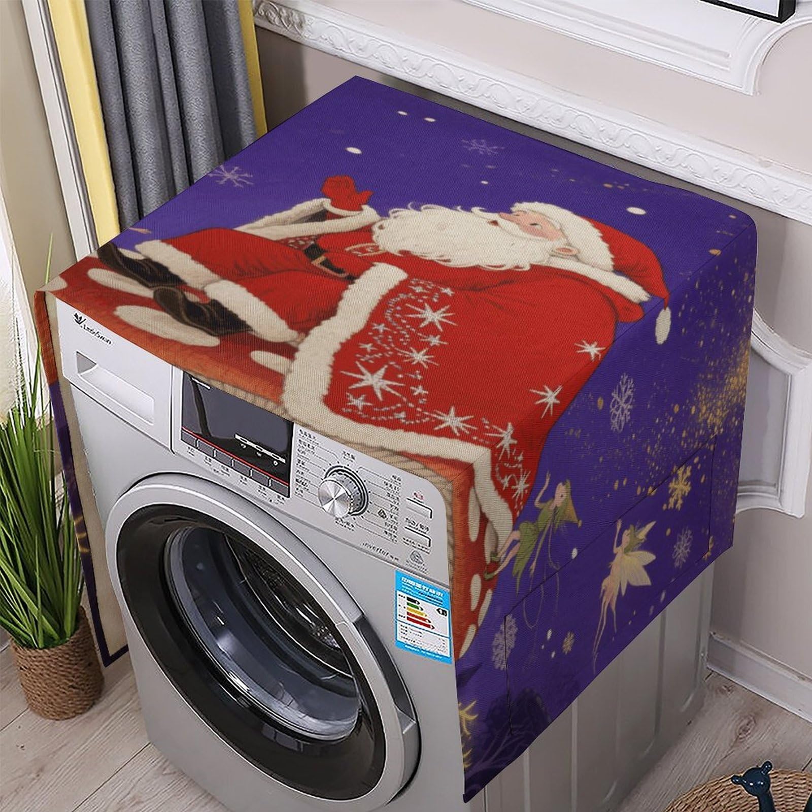 Fodpand White Washing Machine Cover For Top Load Dustproof Santa Claus Print Washer And Dryer Cover With Storage Pockets Household Appliance Covers Washable Top Protector Mat Pad For Laundry & Kitchen
