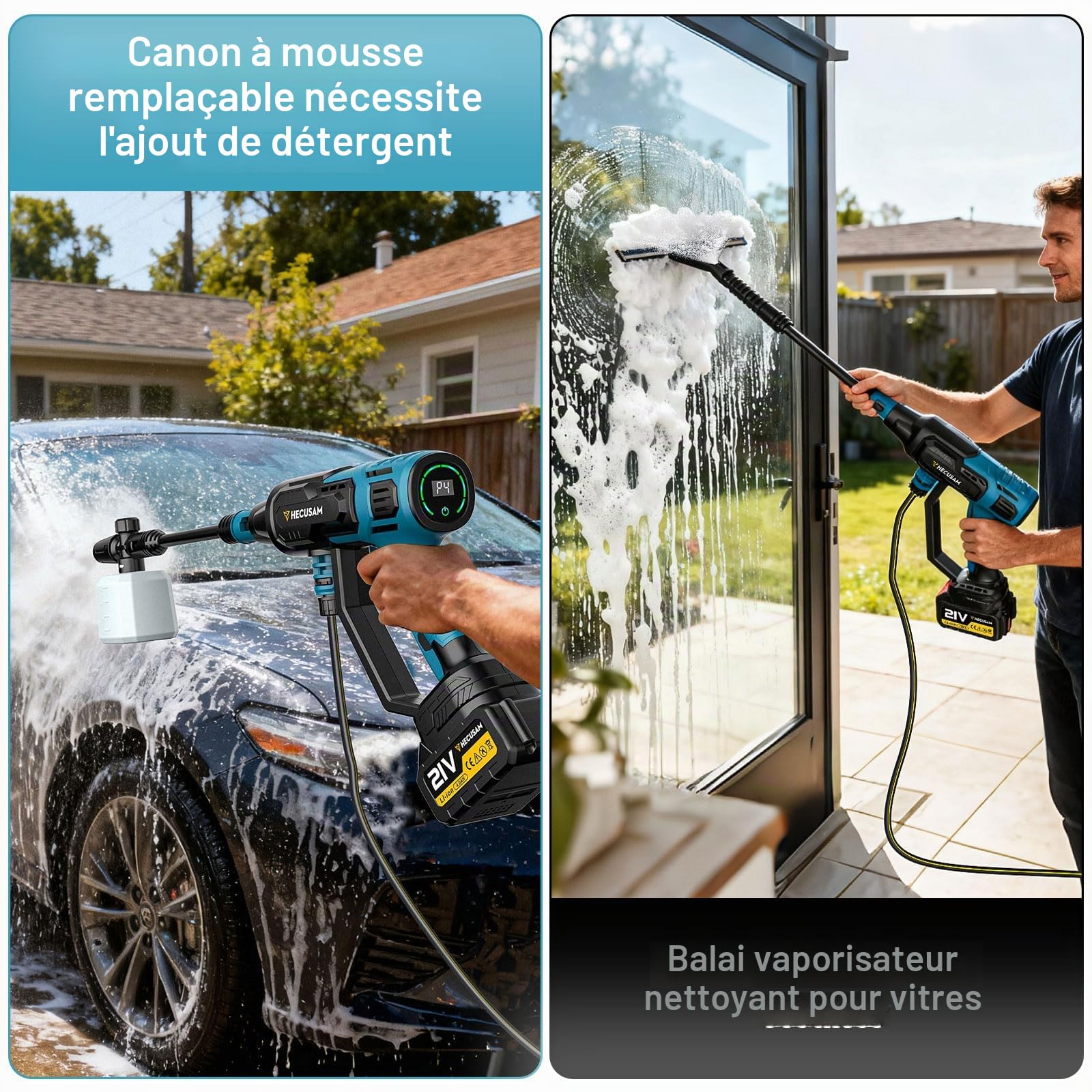 Nettoyeur Haute Pression Sans Fil, Moteur Sans Balais 3000 W,Mode 4 Vitesses,Pression Max 125 Bars, Avec 2 Batteries 4,0 Ah,Buse Pivotante 6 En 1,Brosse De Nettoyage,Tuyau De 5 M,Nettoyage Et Arrosage