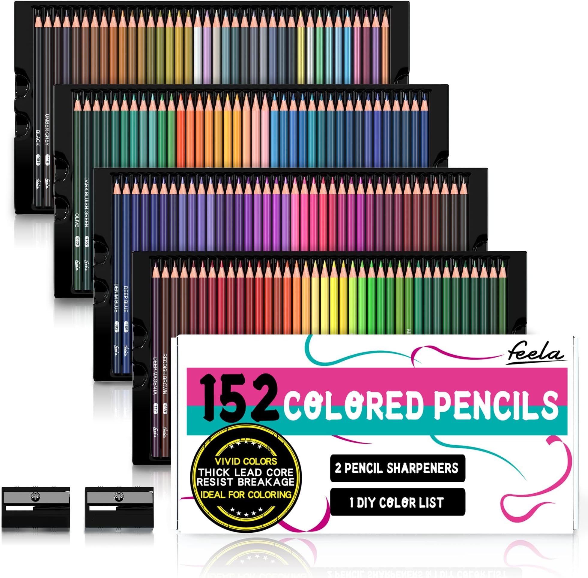Feela 152 Colouring Pencils, Coloured Pencils Set with Pencil Sharpener