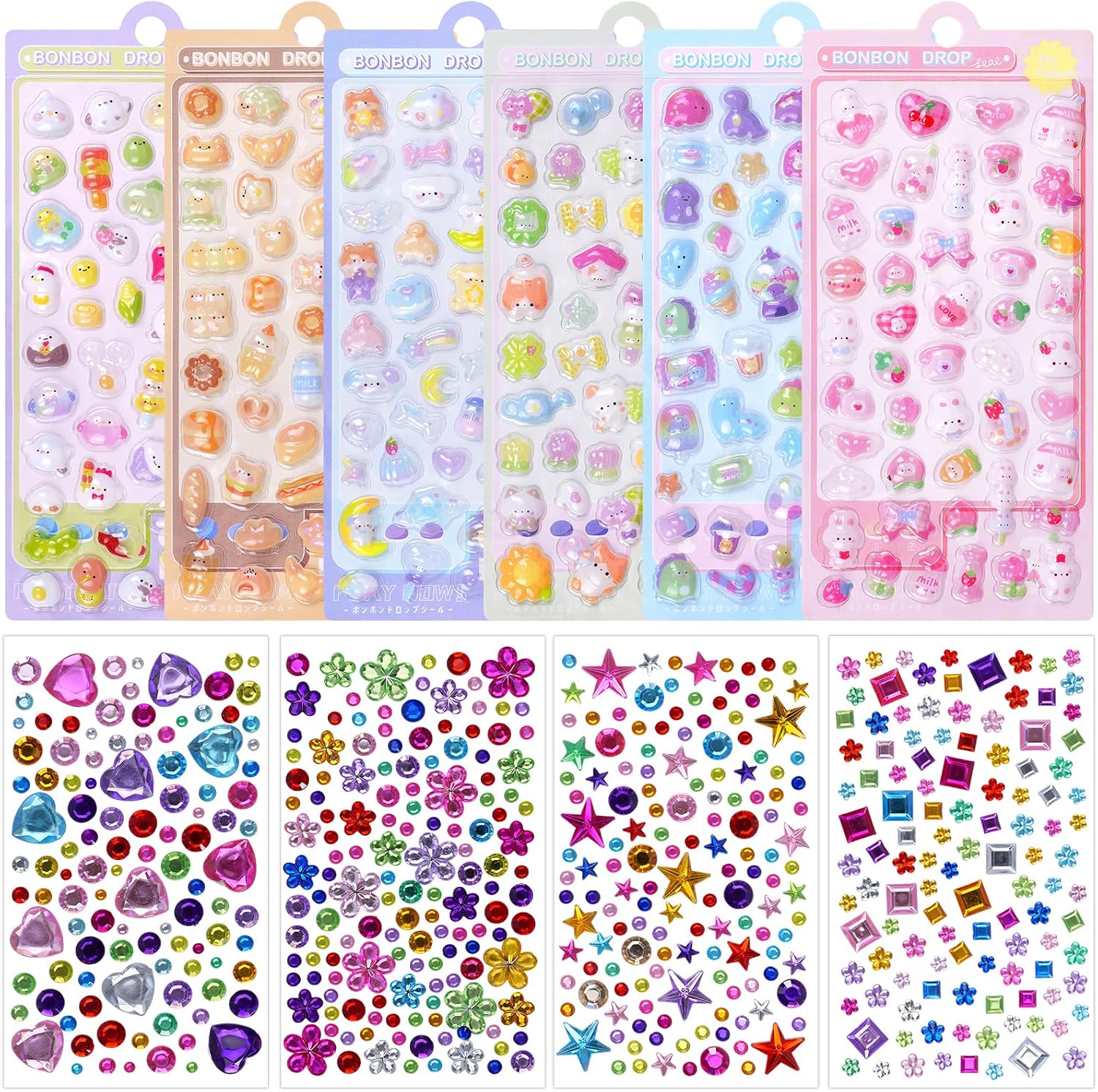 800+Puffy Stickers&Gem Stickers 8Sheets Tiny Cute Cartoon Decorative Stickers for DIY Arts Gemstone Stickers Self Adhesive Samll Sticker for Scrapbooking Notebook Reward Gifts Water Bottle Laptops