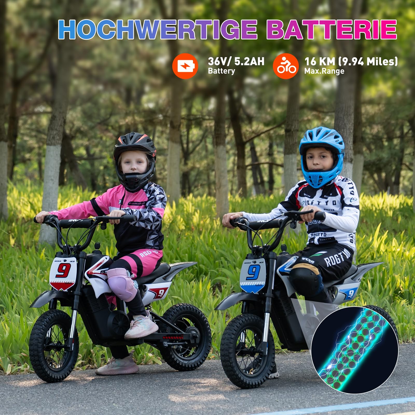 R9X PRO Elektro Motorrad Kinder, Elektromotorrad mit 350W Motor & 5,2AH Akku, 16km Reichweite, 10/15/25 km/h, Doppelstoßdämpfer, 12 Zoll Reifen, Drum-Bremse, Moto für Kinder bis 80kg (Grün)
