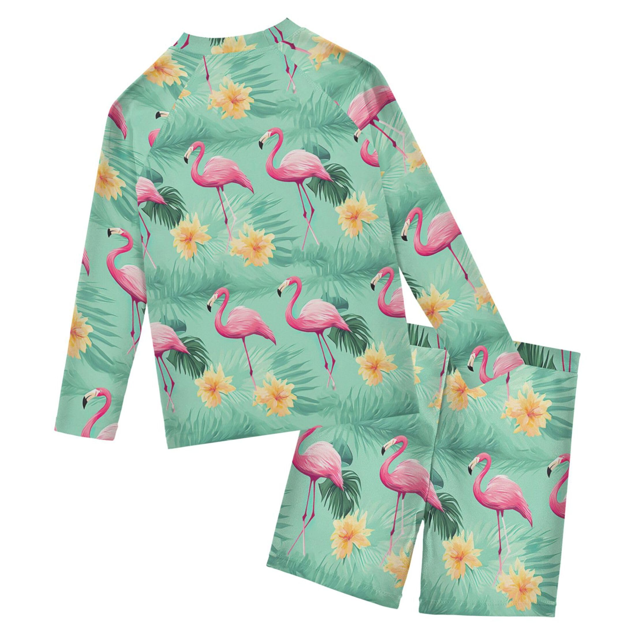 Pink Flamingo Flowers Baby Boys' Toddler Long Sleeved Rashguard Swim Bathing Suit Set B0403750