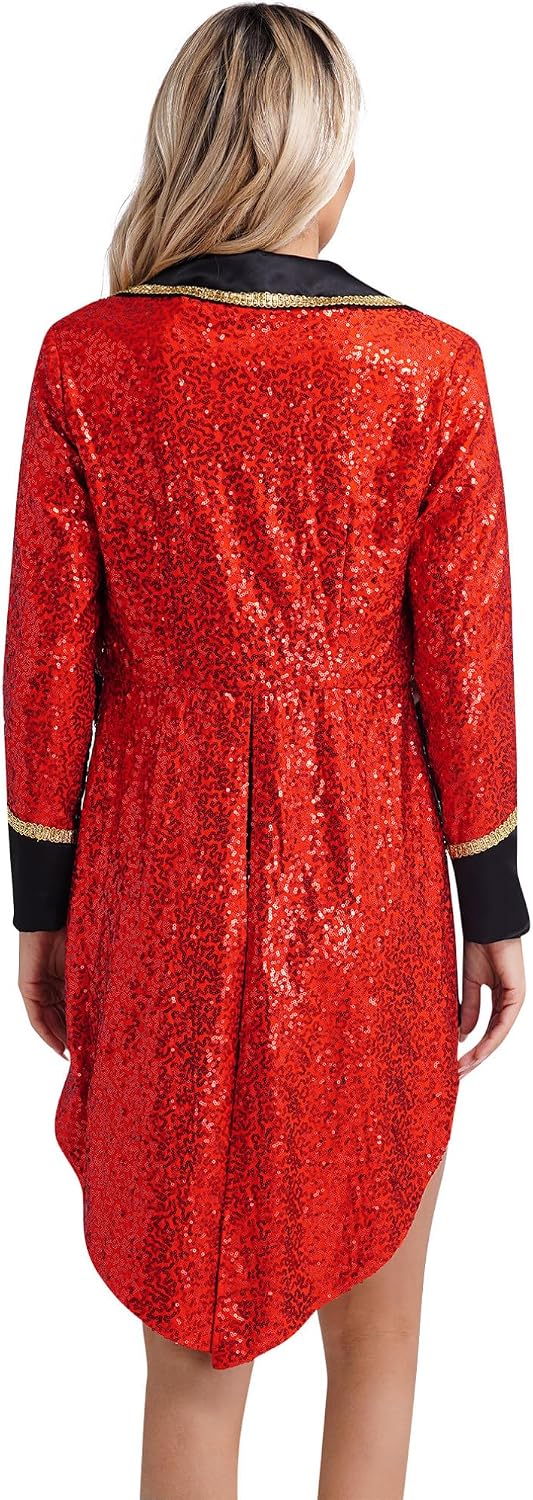 ranrann Women Sequin Circus Ringmaster Halloween Cosplay Costume Long Sleeve Tailcoat Magician Costume Coat Jacket