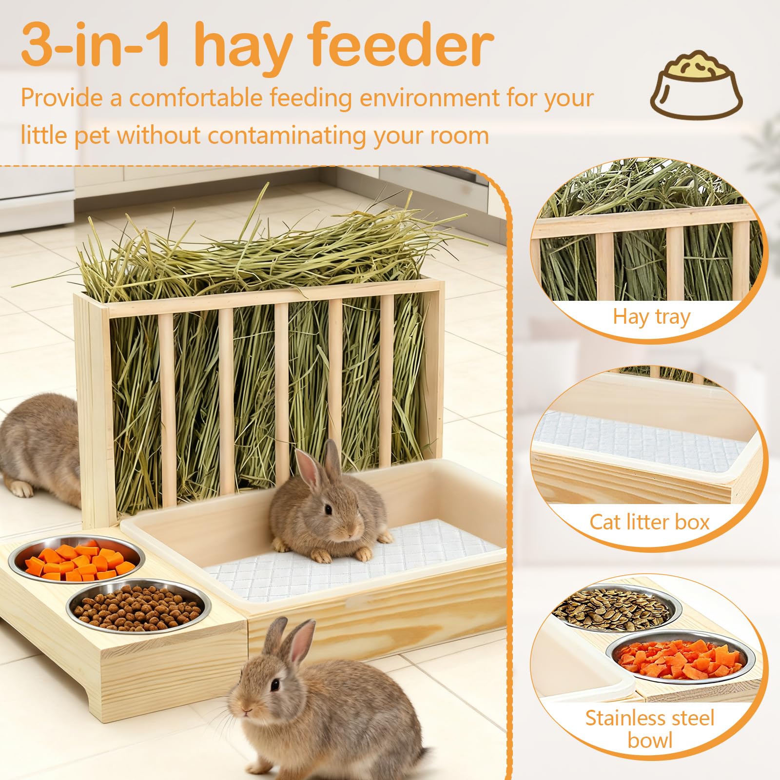 Râtelier à Foin en Bois, Grand Râtelier à Foin Multifonction avec Toilettes et Gamelle Mangeur de Foin de Lapin Support à Nourriture en Herbe pour Lapins Nains Cochons d'Inde Hamsters
