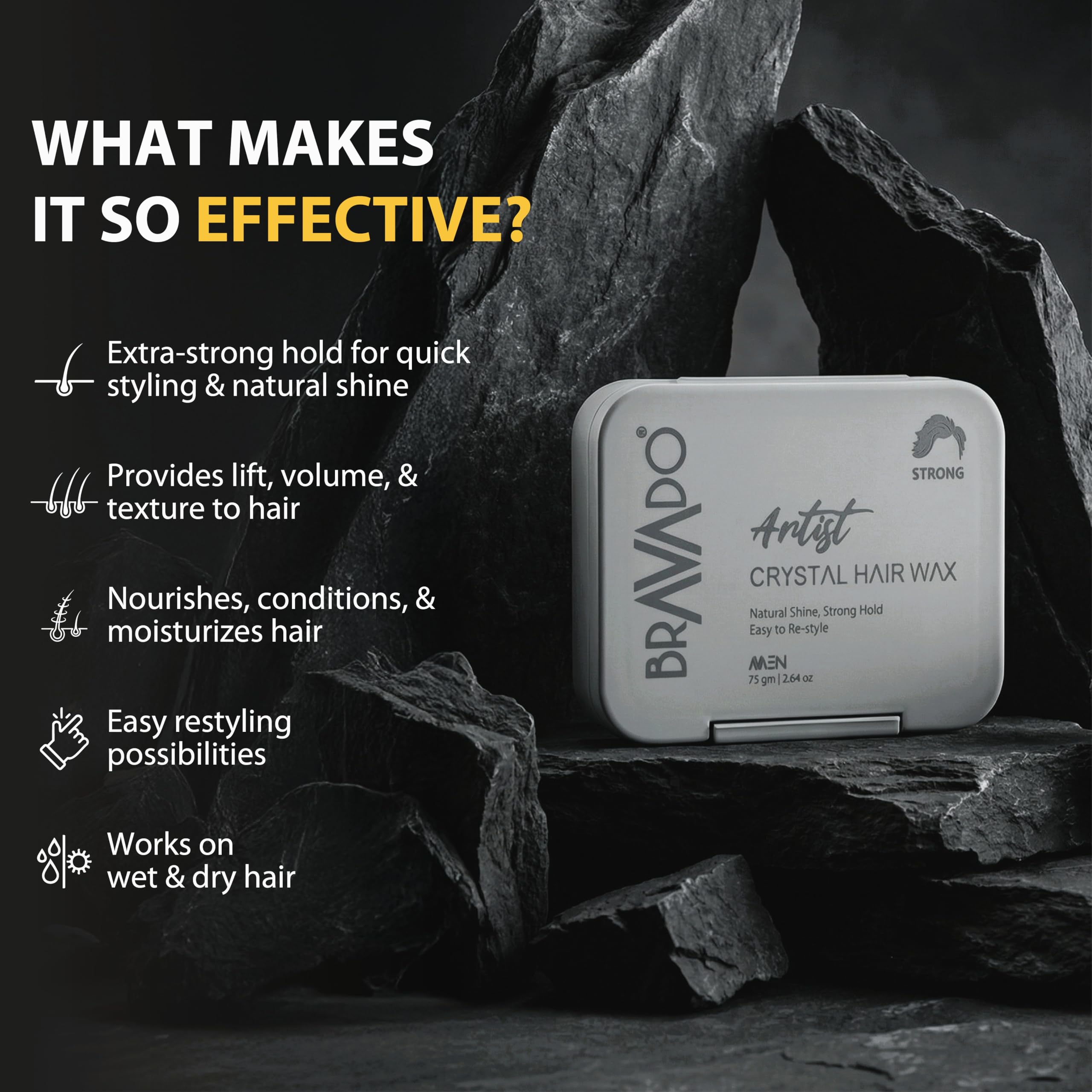 BRAVADO Strong Hair Wax for Men | Strong Hold Hair Styling Wax for Textured, Messy & Quiff Hairstyles | Matte Finish Non-Sticky Hair Wax | 75g 2