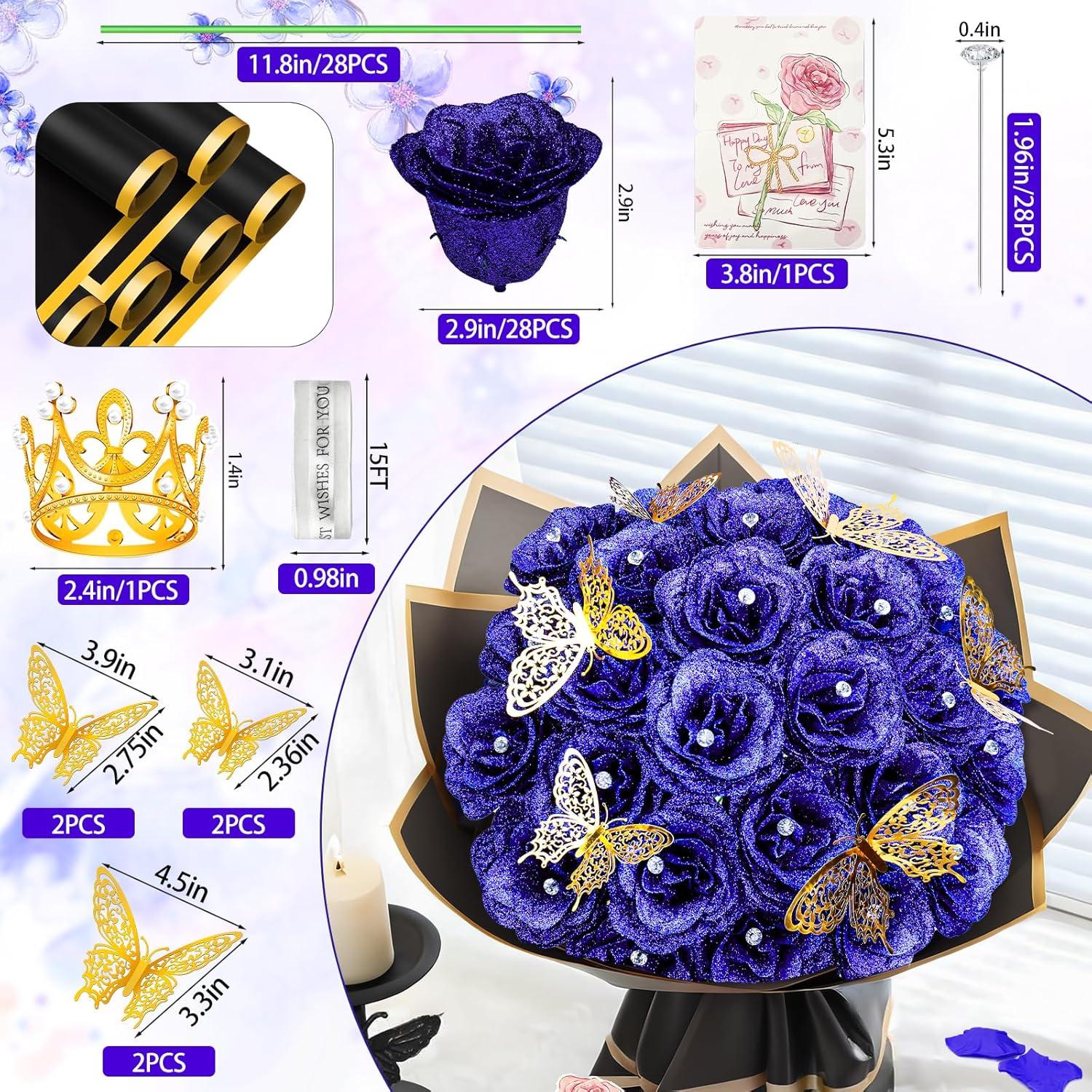 28 Blue Glitter Roses Bouquet - Artificial Flowers Bouquet with Diomand Pins,Blue Roses DIY Fake Flower Bouquet Kit - Sparkling Flower Arrangement for Valentine’s Day,Anniversary,Weddings Engagement - Image 2
