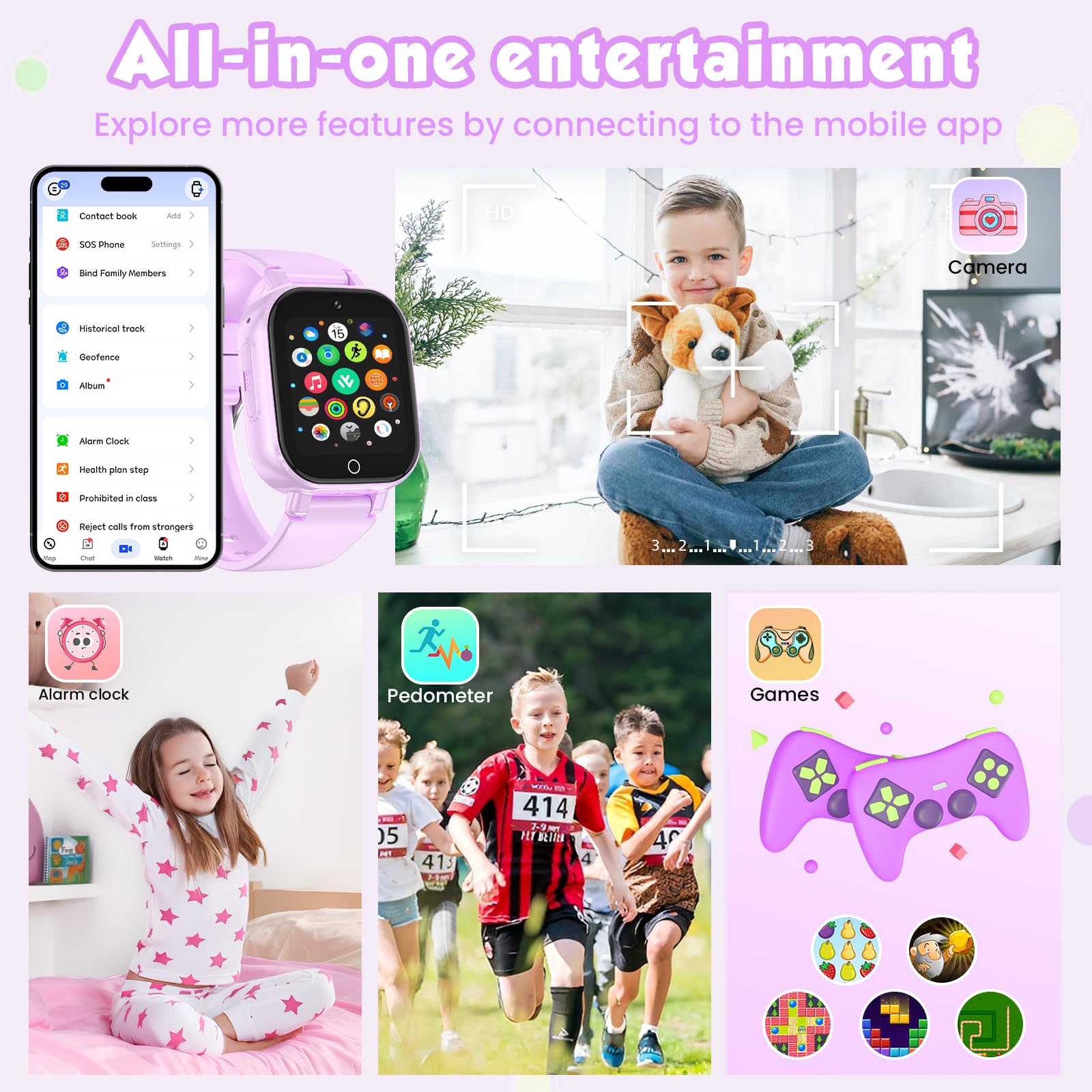 Montre Connectée Enfants GPS, 4G Smartwatch Téléphone pour Filles et Garçons avec Appel, Vidéo, SOS, Chat, Mode Classe Podomètre, Jeux, Réveil, Montre Intelligente Enfant 4 à 12 Cadeau (Violet)