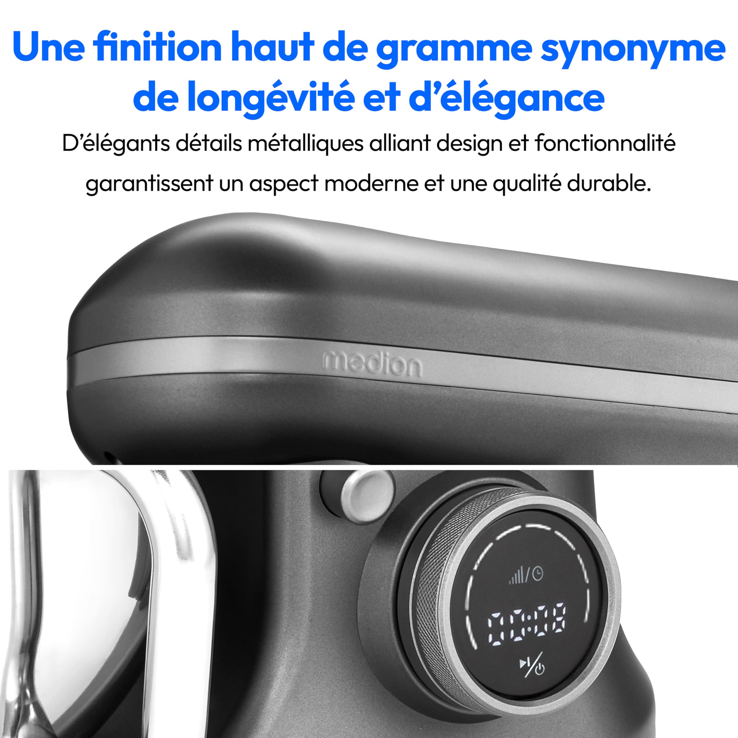 MEDION Robot de cuisine (1 200 watts, 8 vitesses, mélanger pétrir remuer, écran digital, bol en inox de 5 litres, bol à glace pour la préparation de glace, MD18420) Anthracite