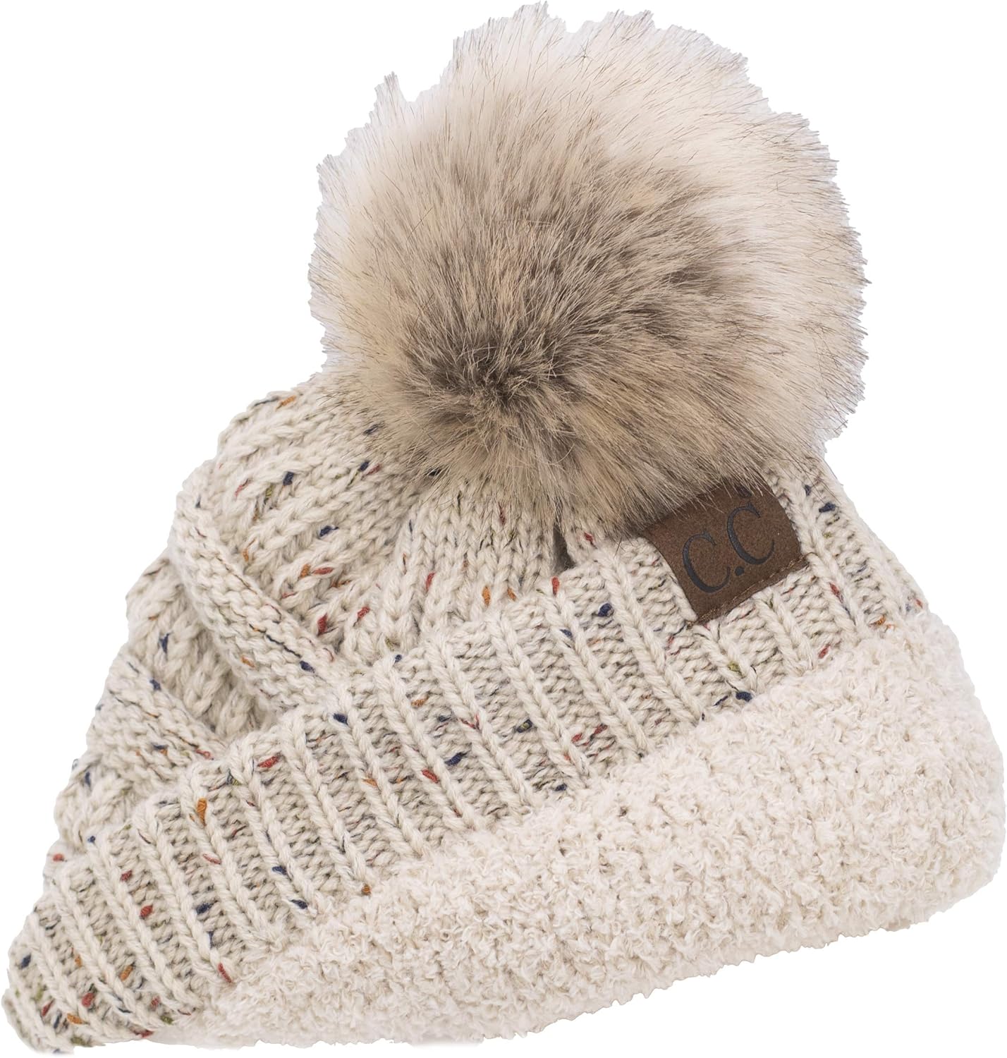 C.C Trendy Fuzzy Fleece Lined Warm Comfortable Soft Stretch Cable Knit Ribbed Faux Fur Pom Pom Beanie Hat - Image 2
