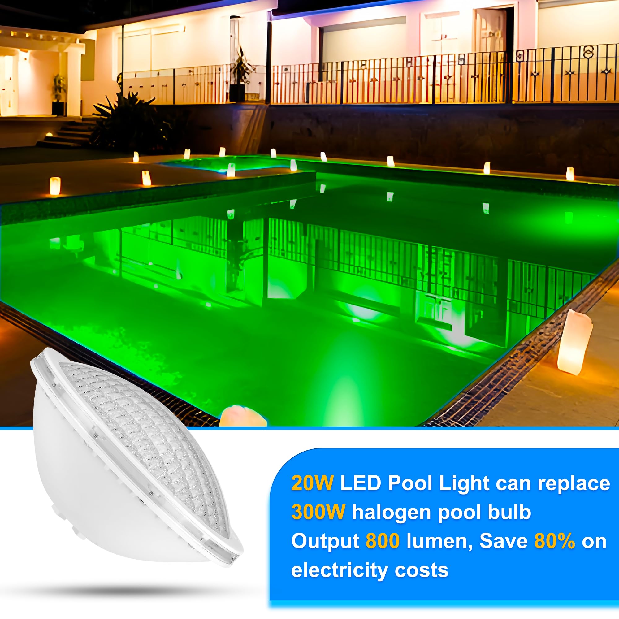Foco Piscina LED PAR56 Sumergible, 20W Bombilla Piscina RGB Regulable Cambio Color 800lm, Lámpara de Piscina con Remoto, Temporizador 2/4/6H, IP68 Impermeable, 12V AC, Pack de 2