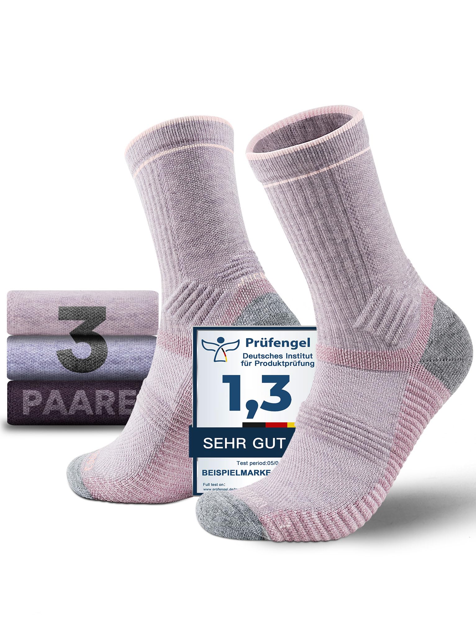 Juclise Merinowolle Wandersocken Kompression Anti Blasen Gepolstert Wollsocken Anti-Schweiß Atmungsaktiv Trekkingsocken Damen (DE/NL/SE/PL, Numerisch, 38, 42, Pflaumenmeliert + Flieder + Taro Mochi)