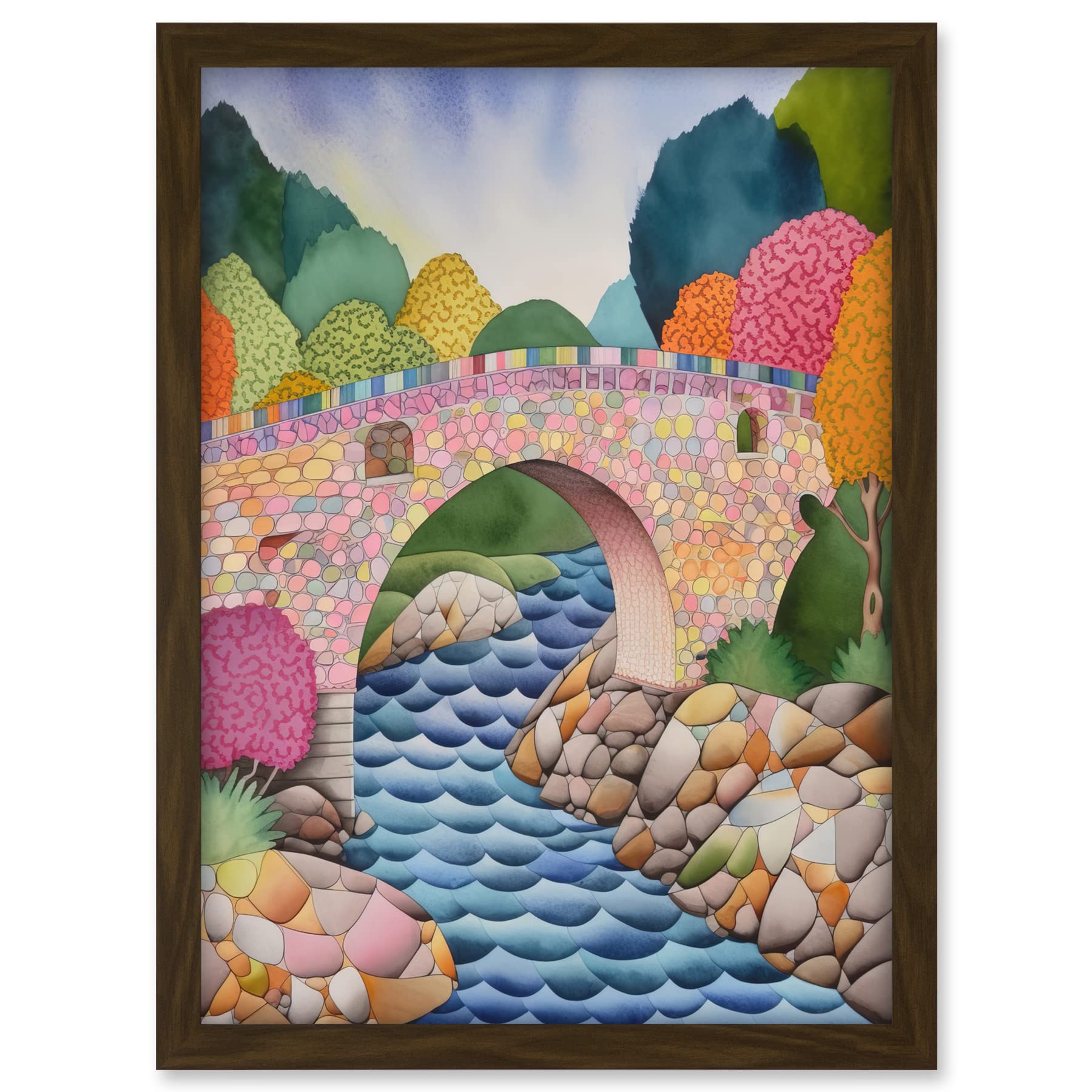 Artery8 Modern Folk Art Countryside Bridge Artwork Framed A3 Wall Art Print