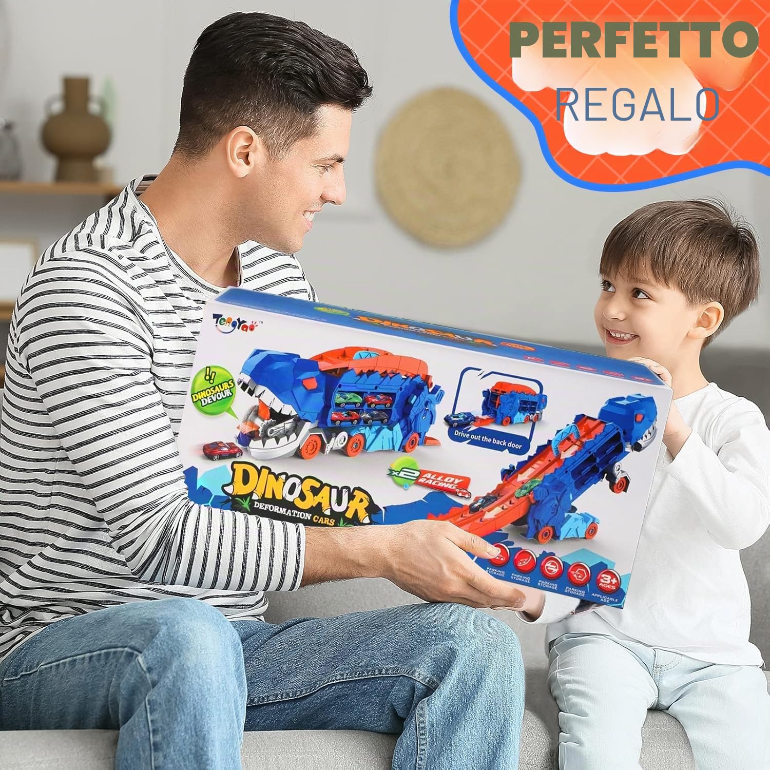 Esteopt Camion Trasporto Giocattolo Auto per Ragazzi Età 3 4 5 6 7, Camion Pista da Corsa Dinosauri Portatile con Set di 12 Dinosauri in Scatola Regalo (Blu)