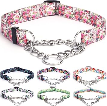Martingale Collar, Training Dog Collar, Stainless Steel Chain Pet Collar for No Pull Dog Walking Flowers Design Large Medium Small Dogs S, Peony