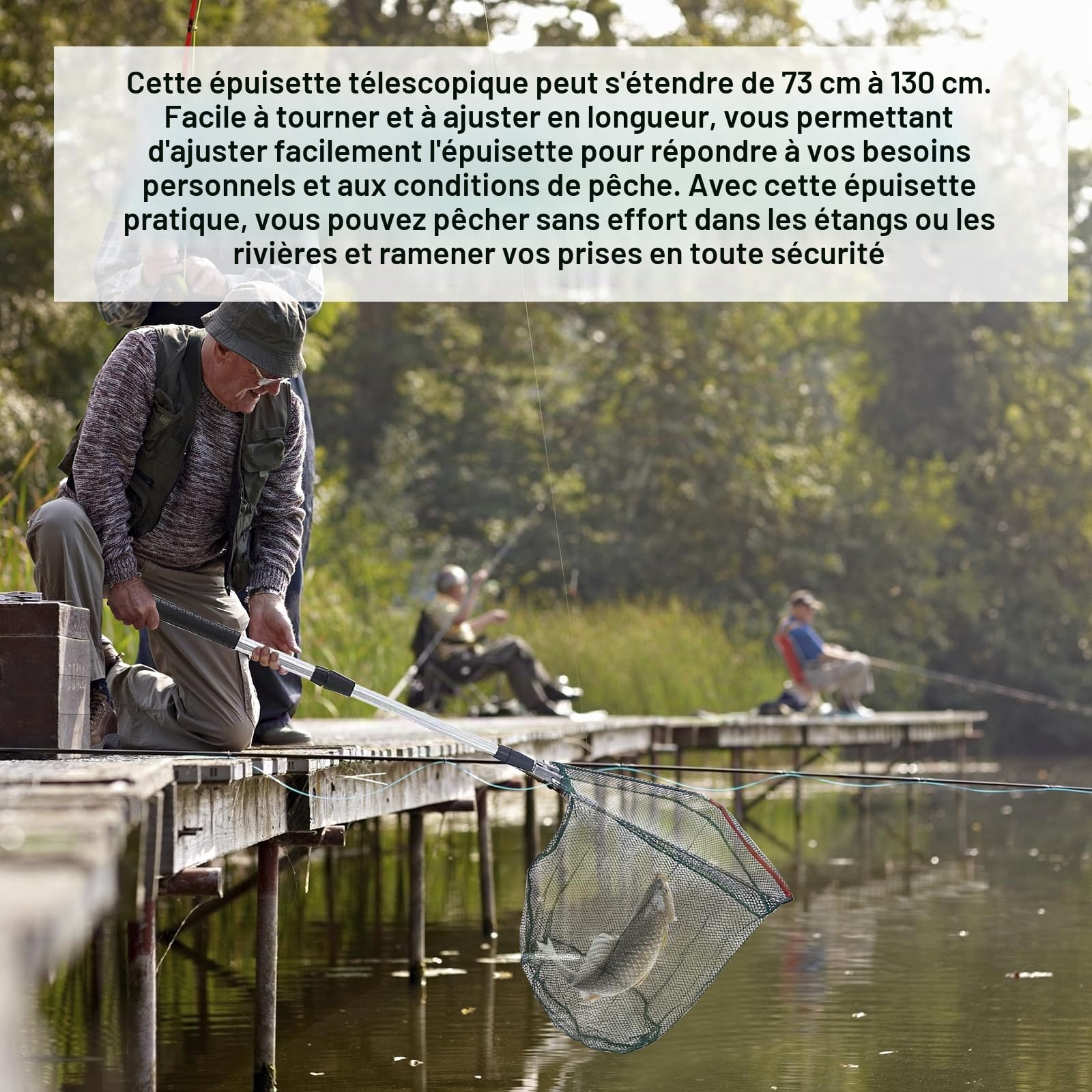 Épuisette de pêche en caoutchouc - 130 cm - Épuisette télescopique pour adultes et enfants