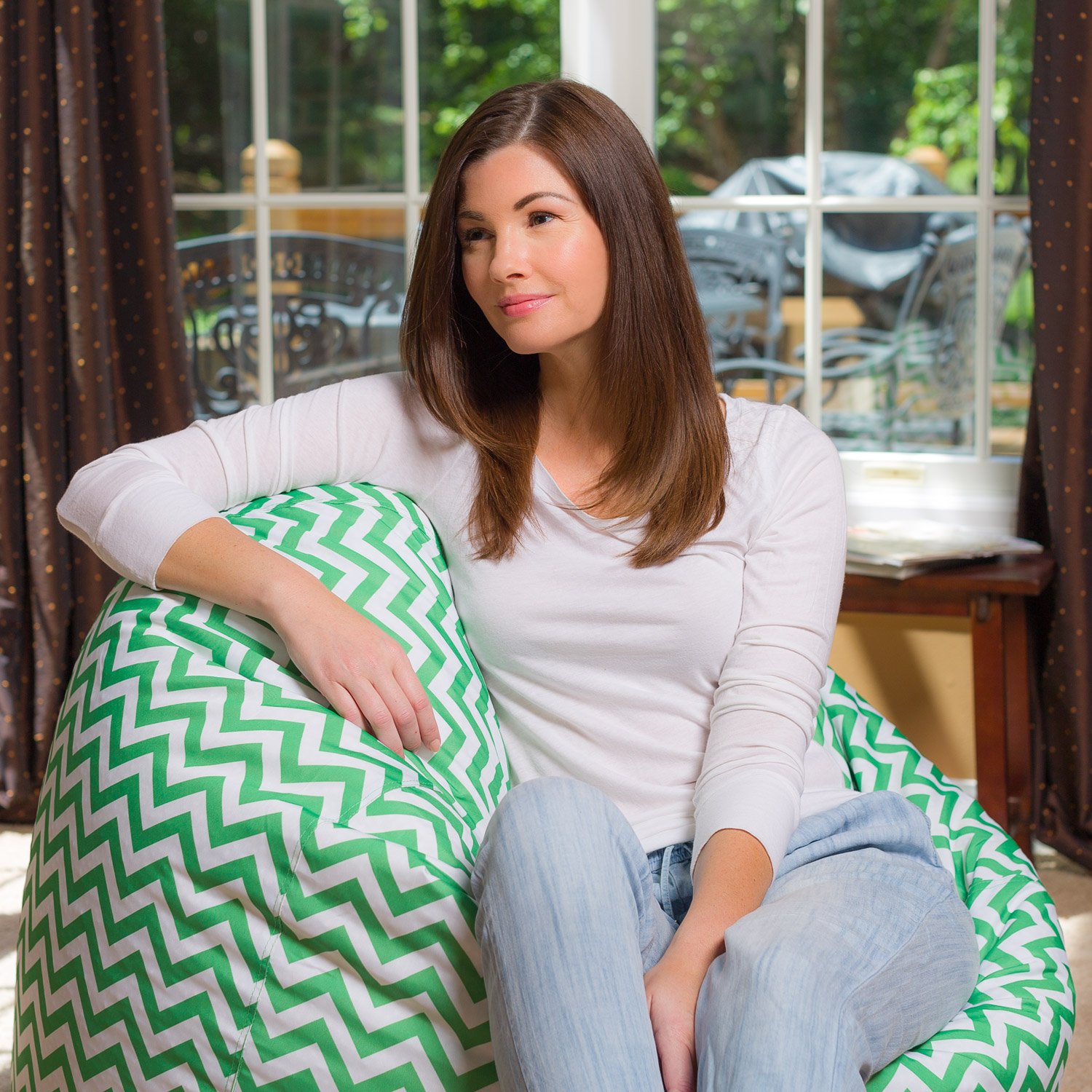 Posh Beanbags Bean Bag Chair, XLarge48in, Pattern Chevron Green and White