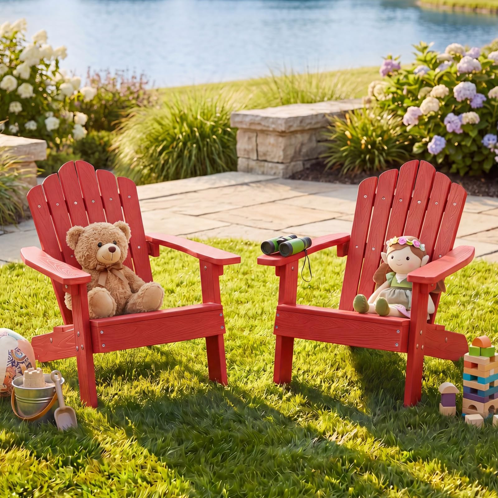 GIANTEX Kids Adirondack Chair, All-Weather HIPS Children's Outdoor Chair with Tilted High Backrest, Toddler Beach Chair for Garden Patio Backyard, Kids Lawn Chairs for Age 3-7 (2,Red)