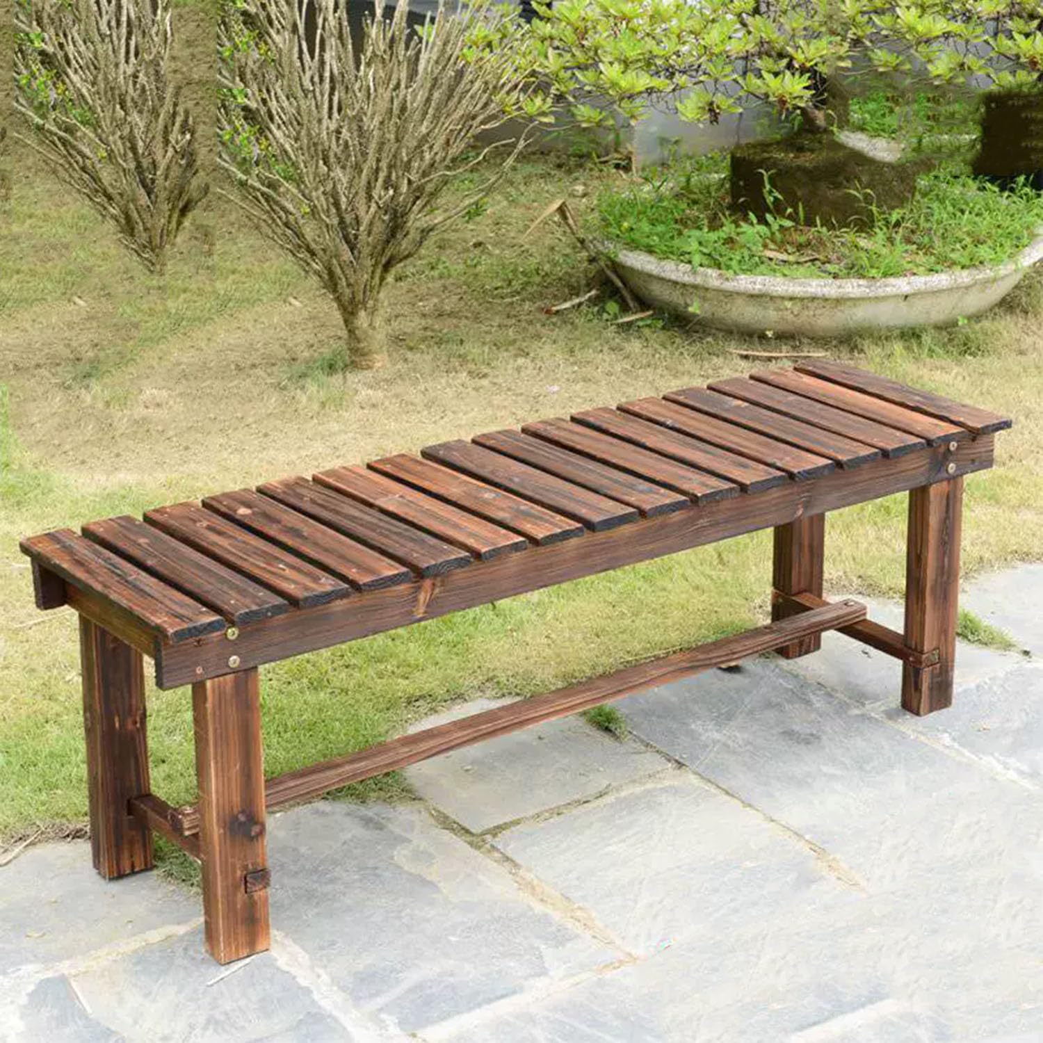 Banc de jardin extérieur en bois sans dossier, meuble terrasse 200 kg