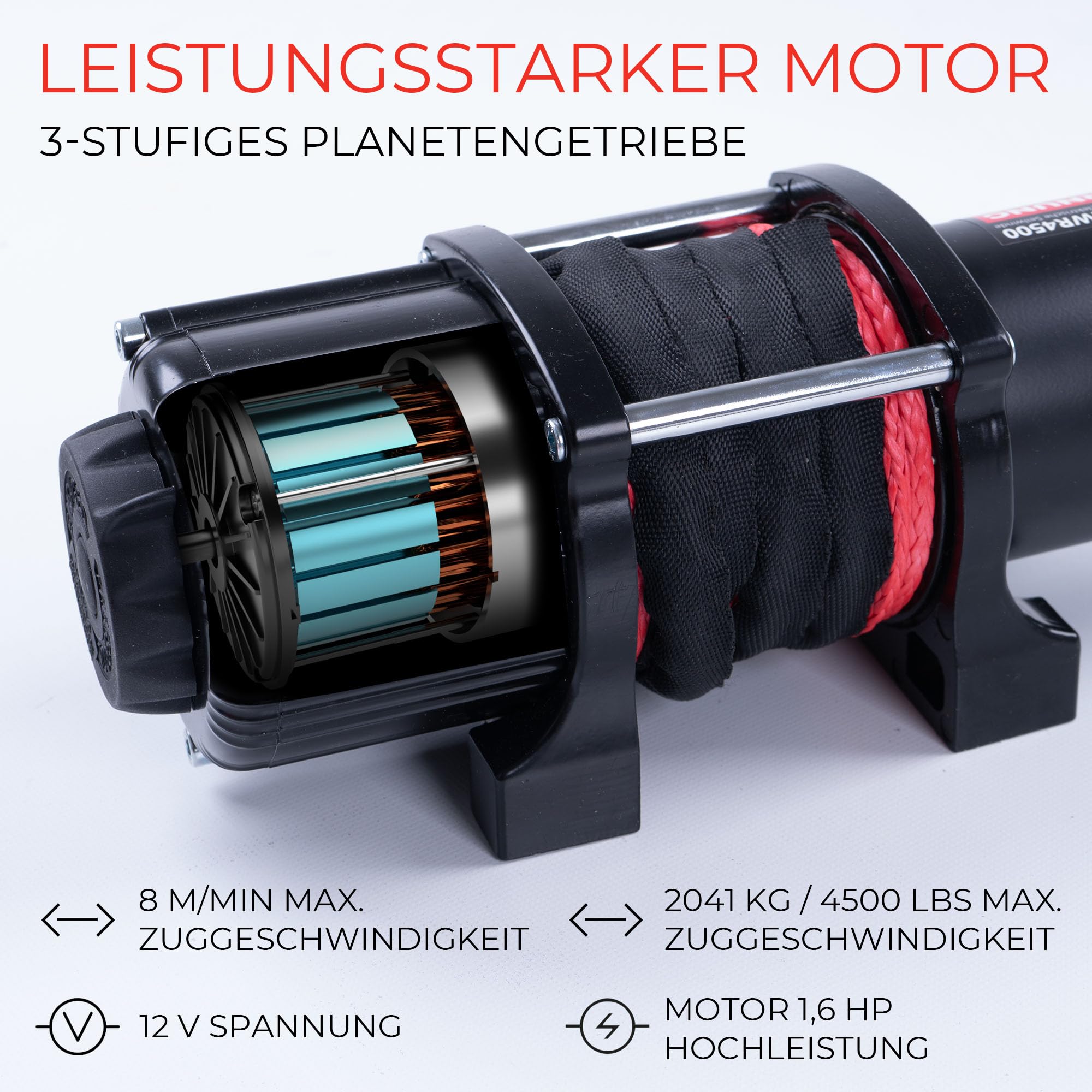 ROTFUCHS Elektrische Seilwinde 12 Volt - 4500 lbs Motorwinde Seilzug, mit Montagehalterung und Fernbedienung, Power Offroad Winde 2041 kg, ATV UTV kompatibel, Synthetikseil