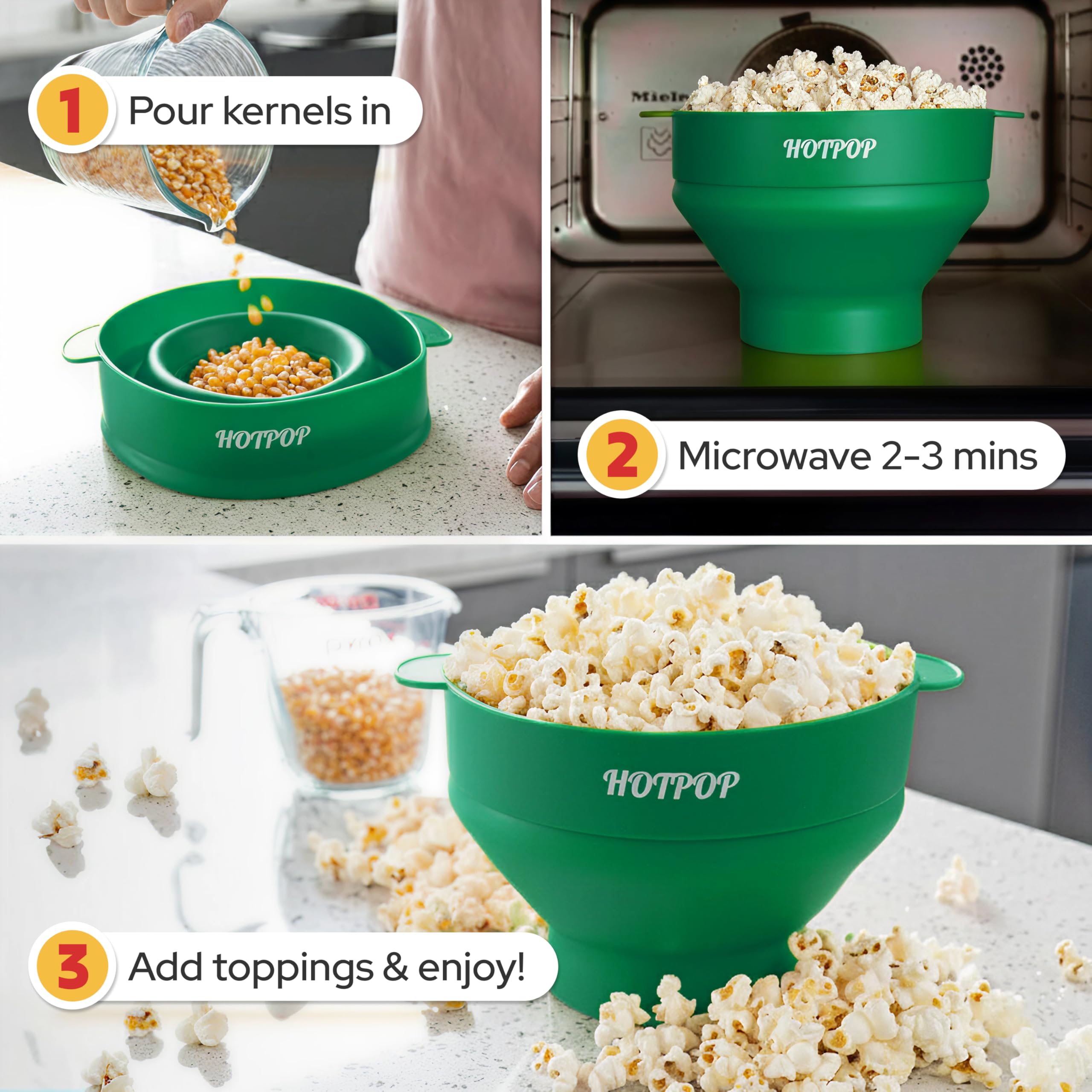 The Original Hotpop - Palomitas de maíz para microondas, máquina de palomitas de maíz de silicona, cuenco plegable sin BPA y apto para lavavajillas, 20 colores disponibles (verde oliva)