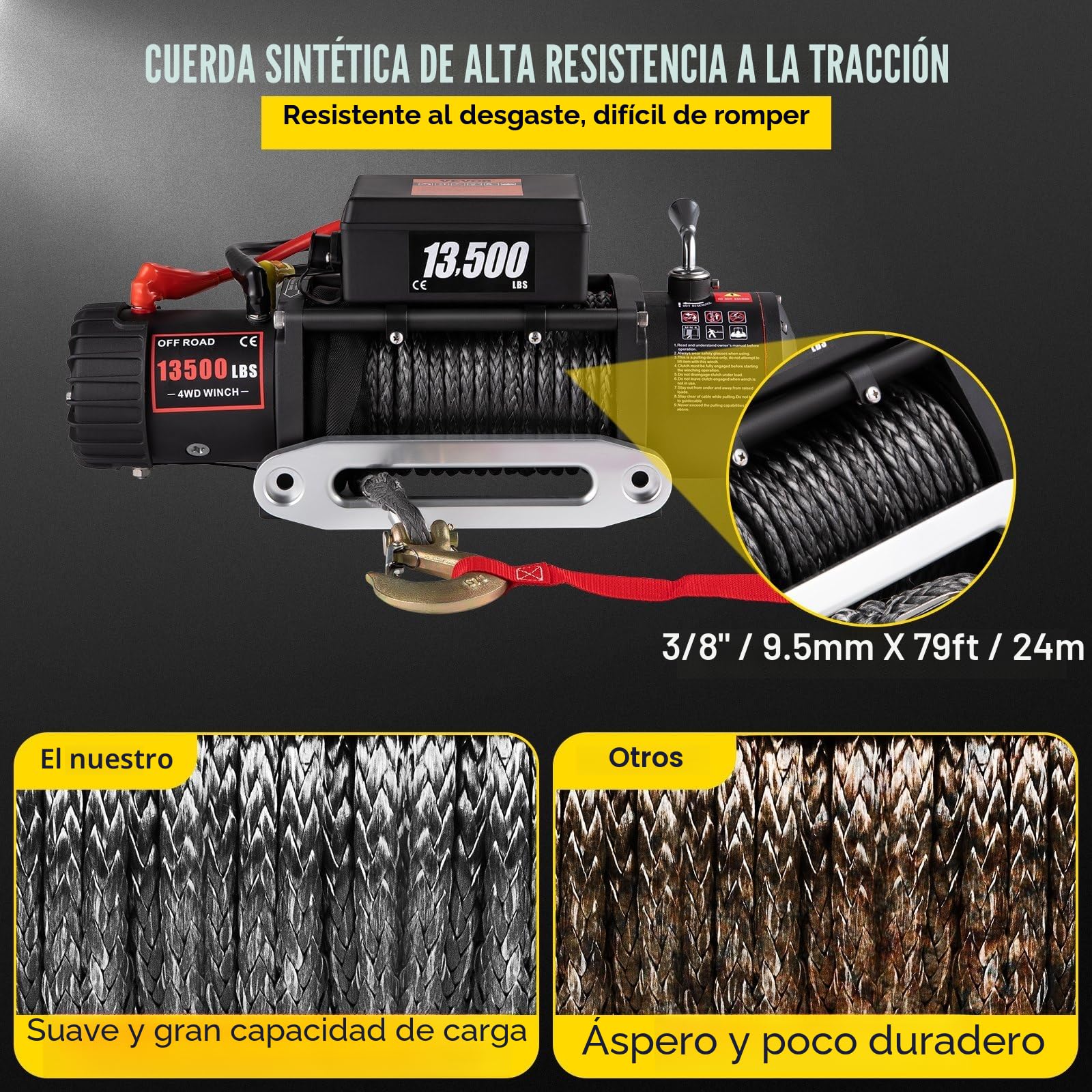 Cabrestante eléctrico, 12 V, 13500 lb/6120 kg, cuerda sintética, 24 m x 9,5 mm, control remoto inalámbrico, motor potente, engranaje de acero completo