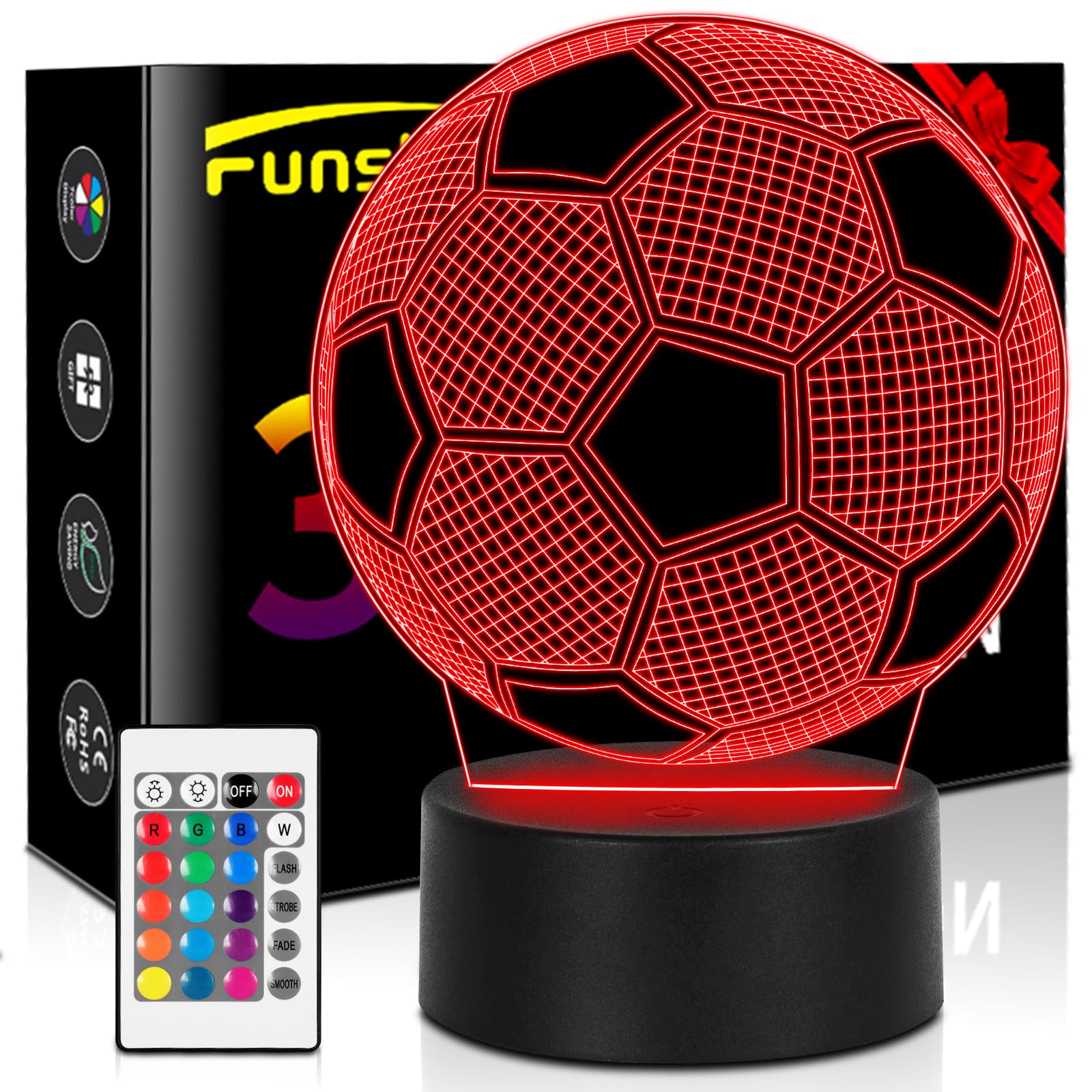 Soccer Lamp, Soccer Gift, Room Decor Night Light, Decor for Boys Room, 16 Colors 4 Light Models Changing with Remote Control